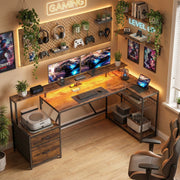 76" L-Shaped Gaming Desk with RGB Lights & USB - Rustic Brown-Office Products > Office Furniture > Office Desks & Work Stations > Gaming Desks-DECOROLALA