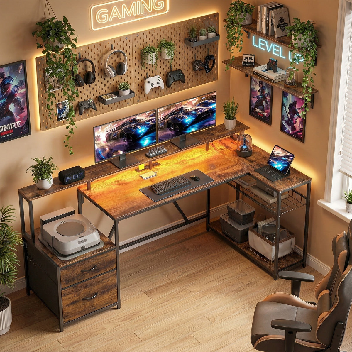76" L-Shaped Gaming Desk with RGB Lights & USB - Rustic Brown-Office Products > Office Furniture > Office Desks & Work Stations > Gaming Desks-DECOROLALA