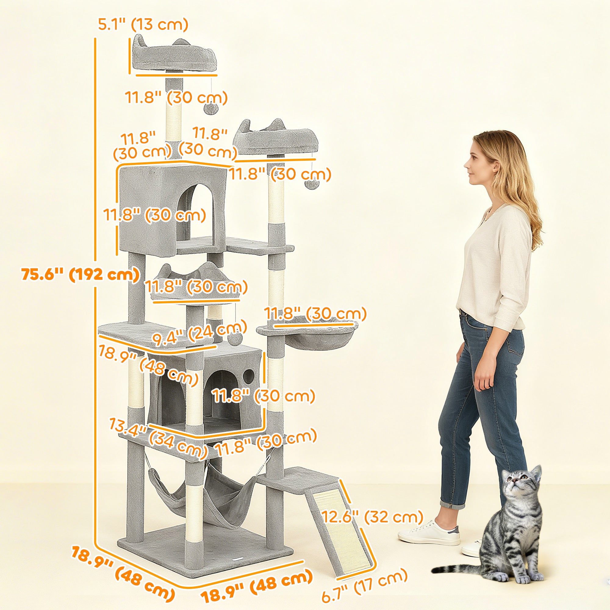 76" Large Cat Tree for Indoor Cats with 8 Scratching Posts, 3 Plush Beds, 2 Hammocks, 2 Large Condos, Ramp, Light Grey-Cats-DECOROLALA