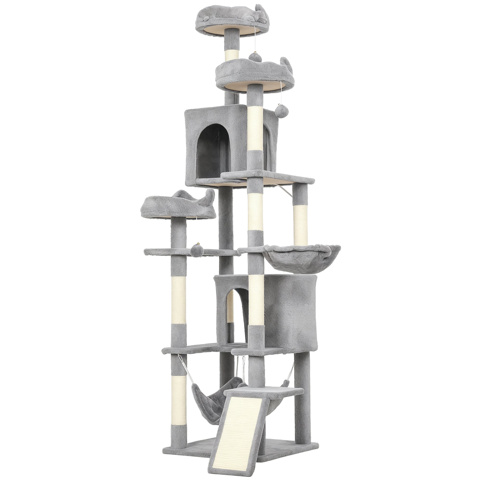 76" Large Cat Tree for Indoor Cats with 8 Scratching Posts, 3 Plush Beds, 2 Hammocks, 2 Large Condos, Ramp, Light Grey-Cats-DECOROLALA