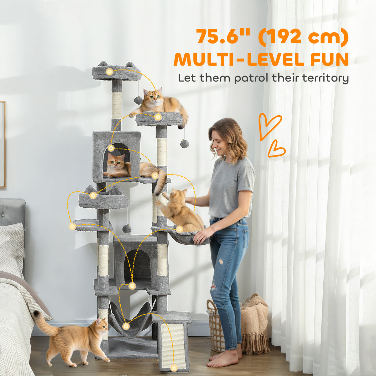 76" Multi-Level Cat Tree with Condos and Hammocks - Light Grey-Cats-DECOROLALA