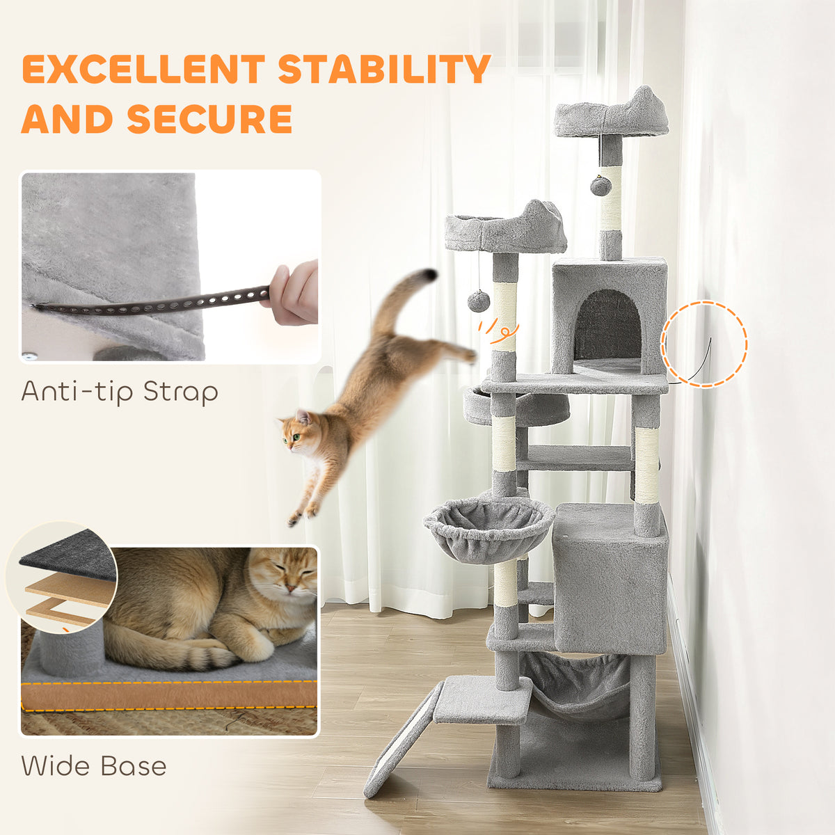 76" Multi-Level Cat Tree with Condos and Hammocks - Light Grey-Cats-DECOROLALA