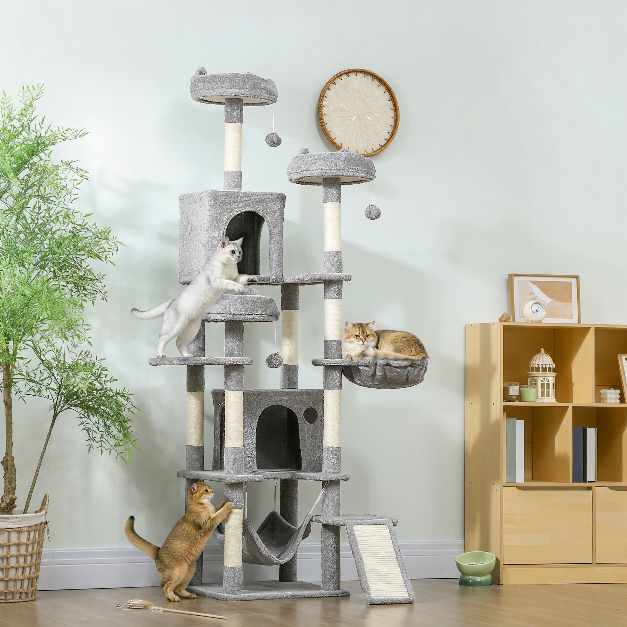 76" Multi-Level Cat Tree with Condos and Hammocks - Light Grey-Cats-DECOROLALA