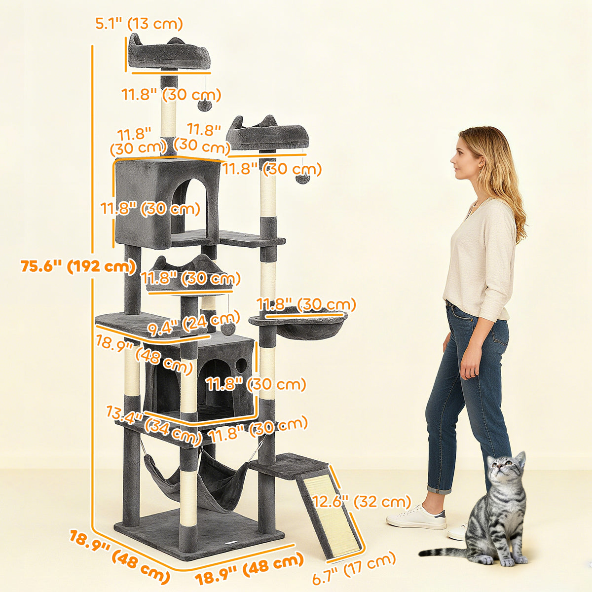 76" Multi-Level Cat Tree with Scratching Posts & Condos - Dark Grey-Cats-DECOROLALA