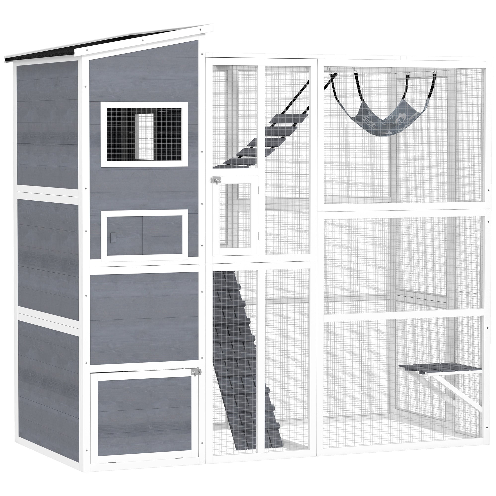 76" Outdoor Catio Enclosure with Cat Condo and Hammock - Grey-Cats-DECOROLALA