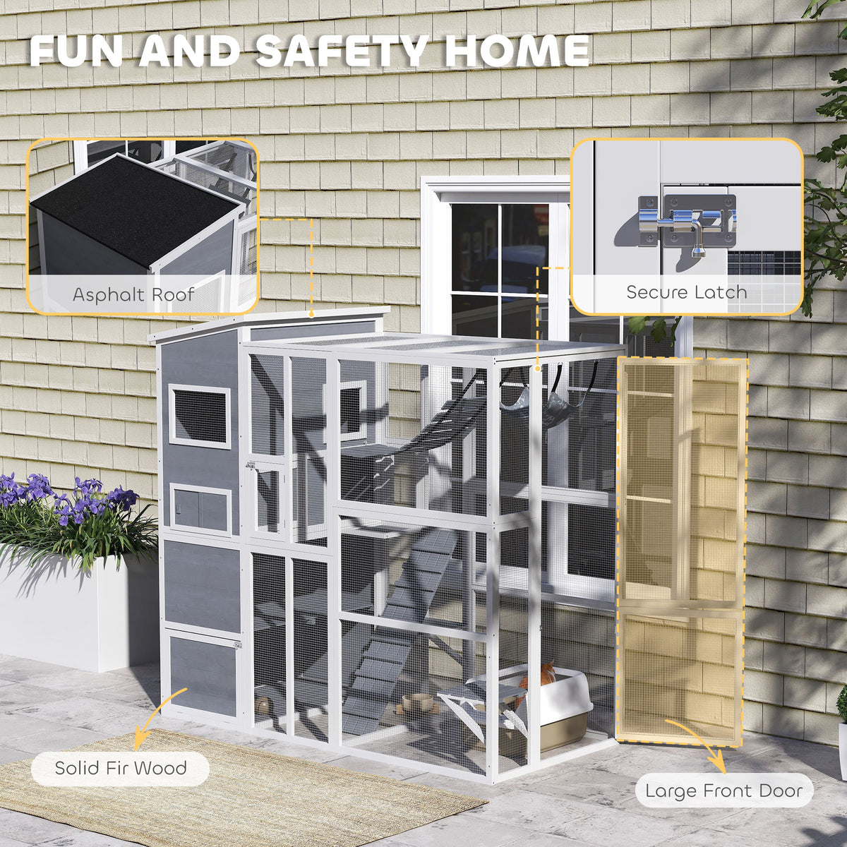 76" Outdoor Catio Enclosure with Cat Condo and Hammock - Grey-Cats-DECOROLALA