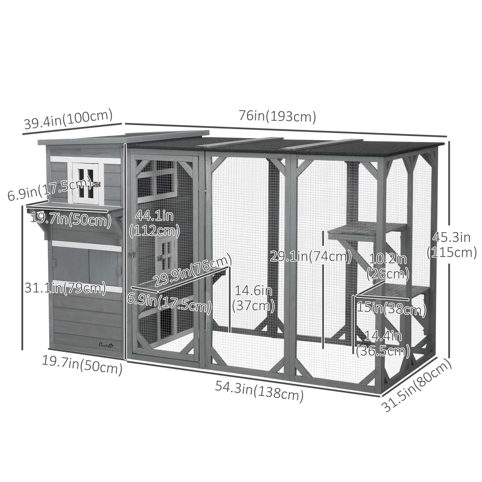 76" Wooden Outdoor Cat Catio - Light Grey 3-Tier Condo-DECOROLALA