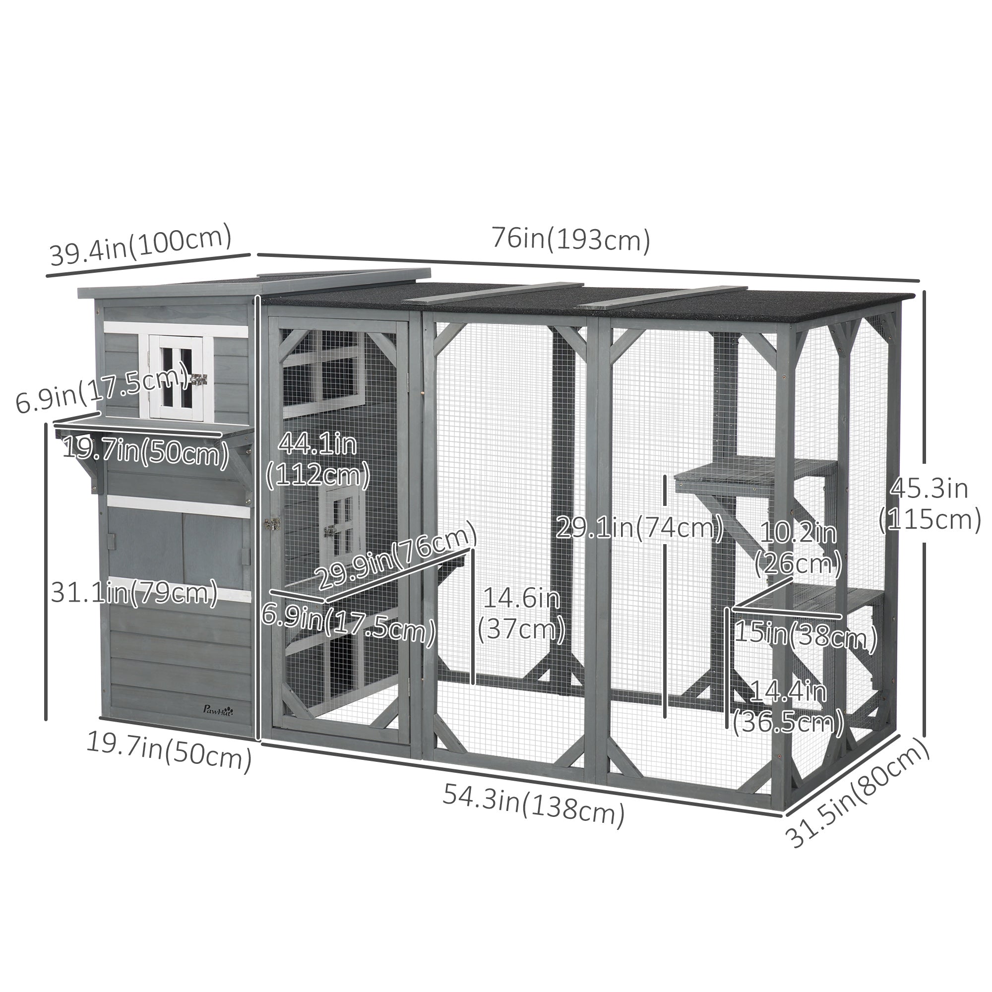 76" Wooden Outdoor Cat Catio - Light Grey 3-Tier Condo-DECOROLALA