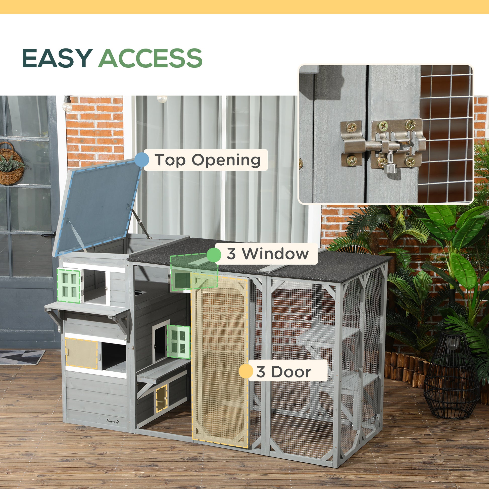 76" Wooden Outdoor Cat Catio - Light Grey 3-Tier Condo-DECOROLALA