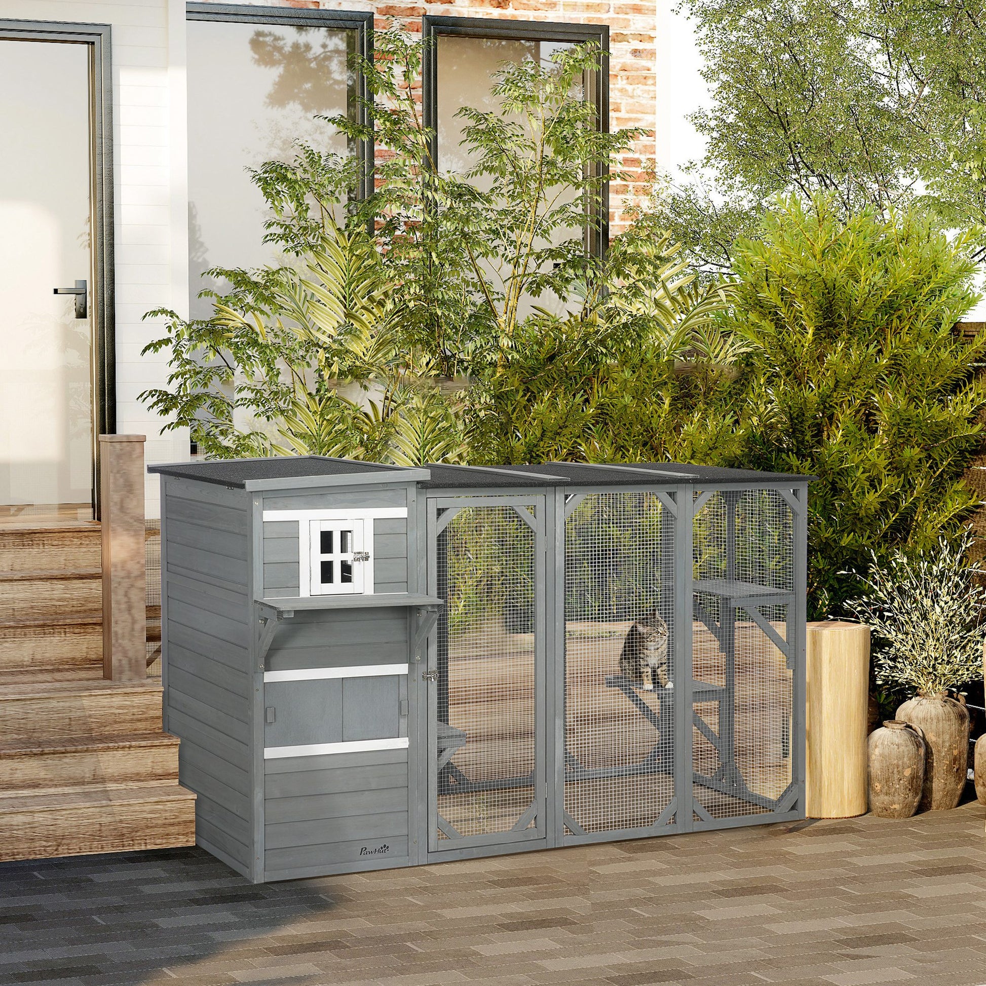 76" Wooden Outdoor Cat Catio - Light Grey 3-Tier Condo-DECOROLALA
