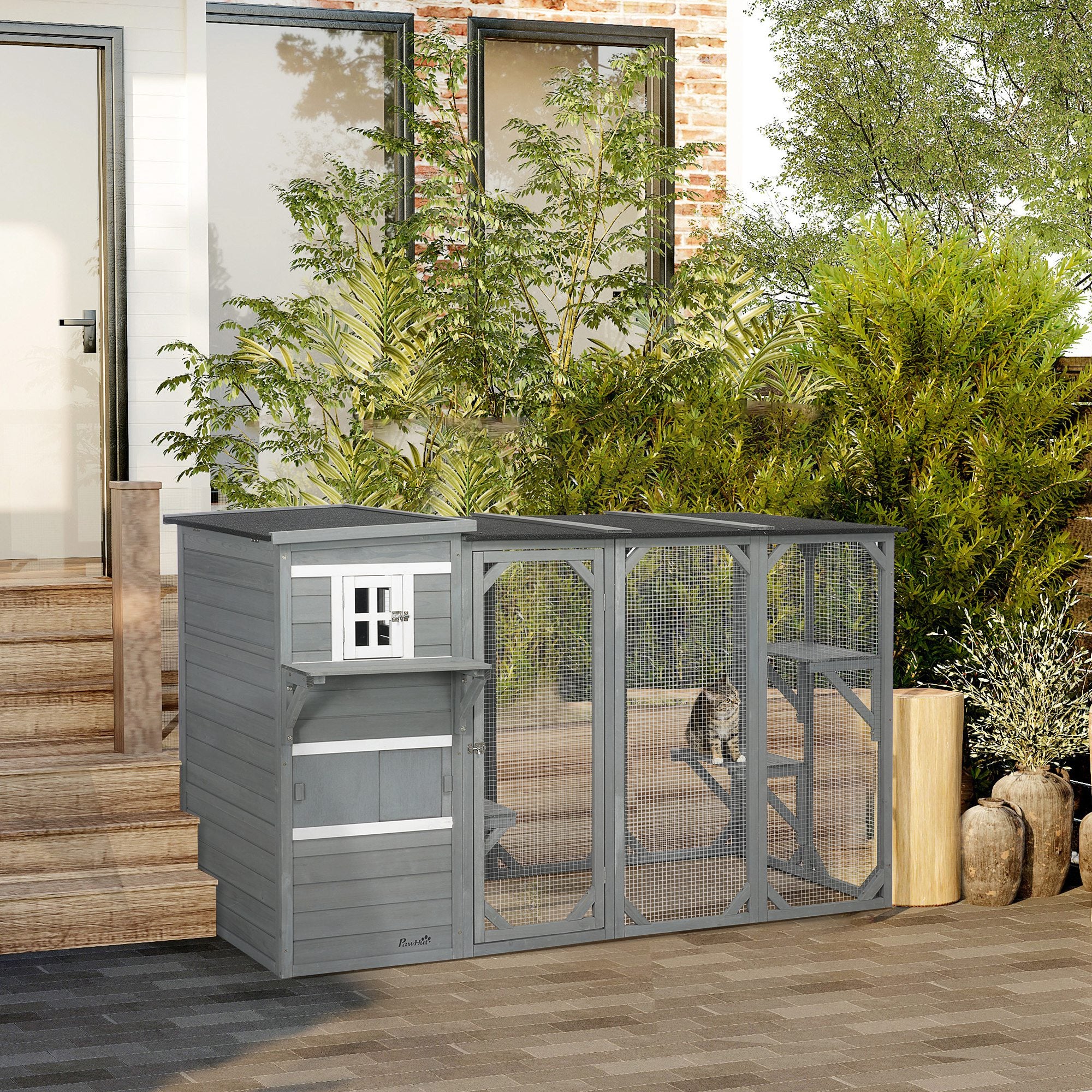 76" Wooden Outdoor Cat Catio - Light Grey 3-Tier Condo-DECOROLALA