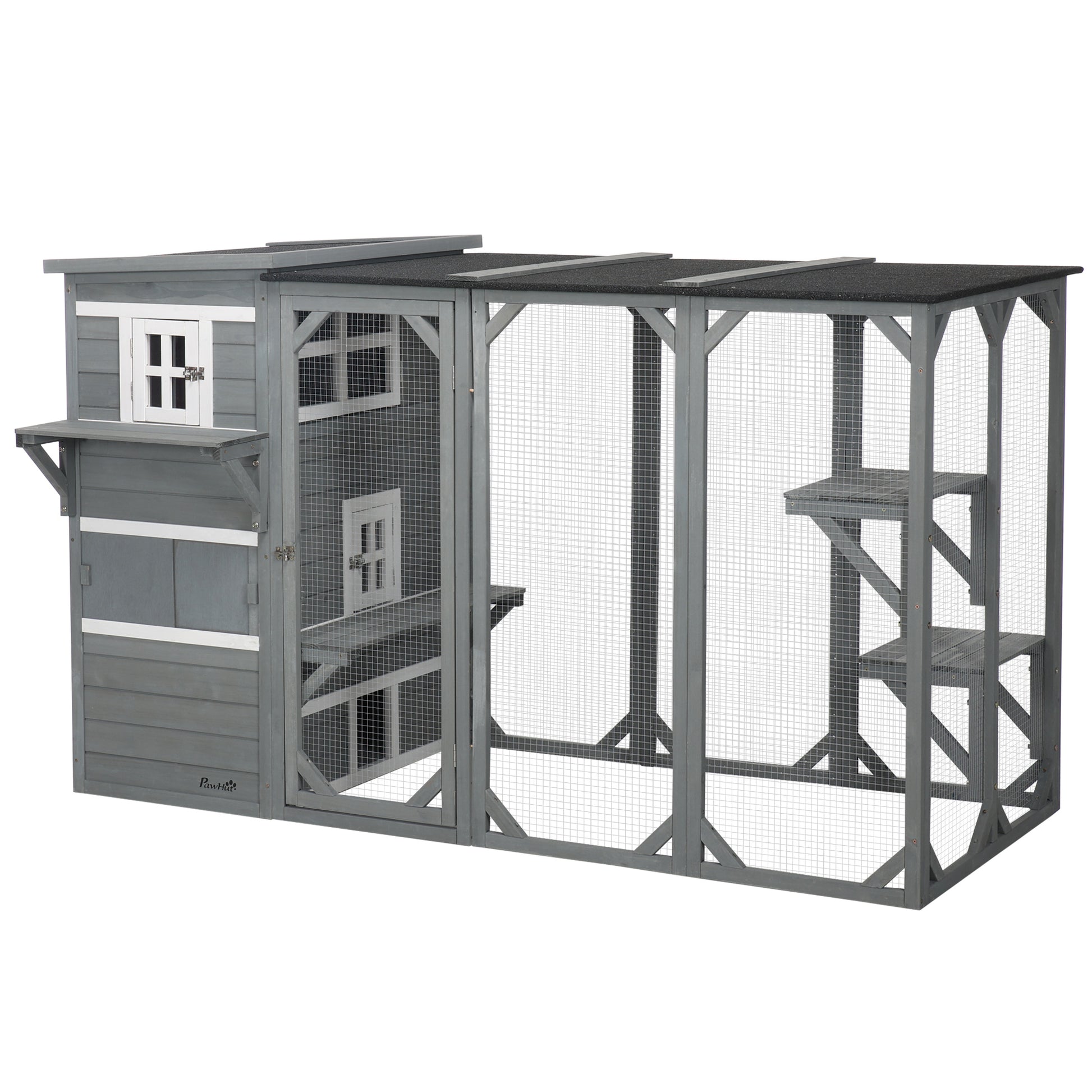 76" Wooden Outdoor Cat Catio - Light Grey 3-Tier Condo-DECOROLALA