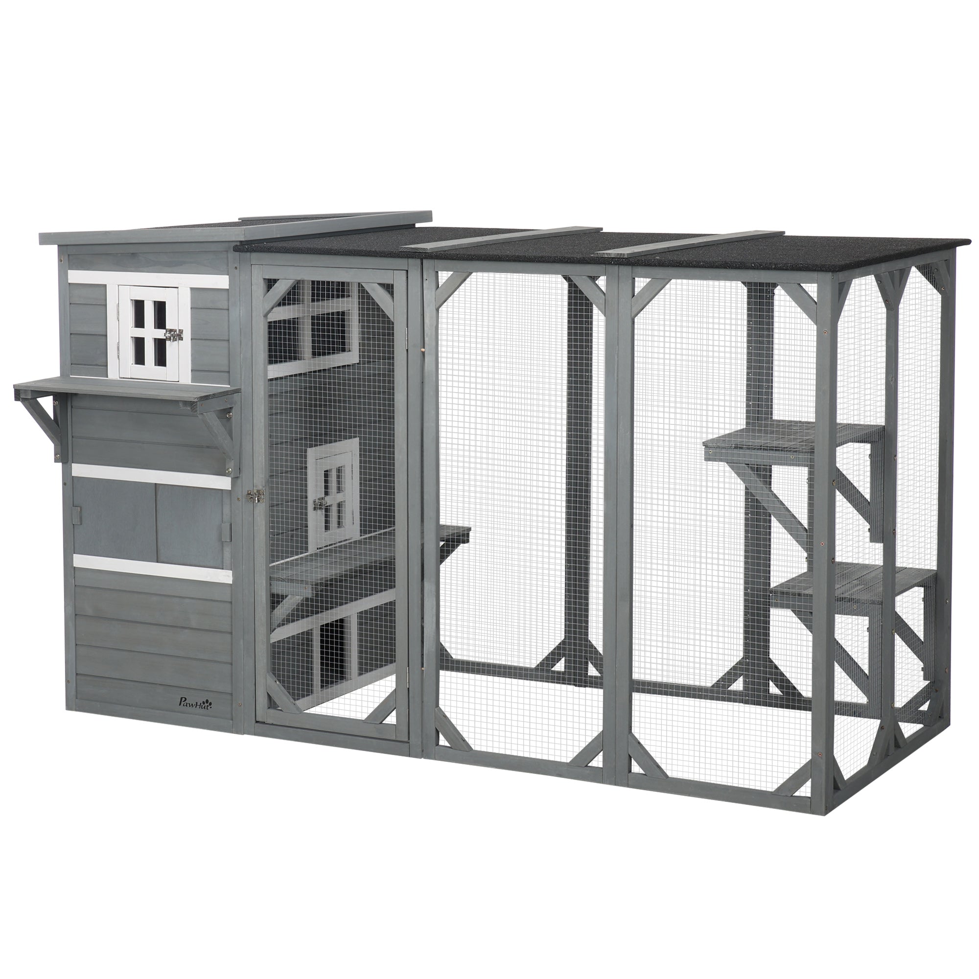 76" Wooden Outdoor Cat Catio - Light Grey 3-Tier Condo-DECOROLALA