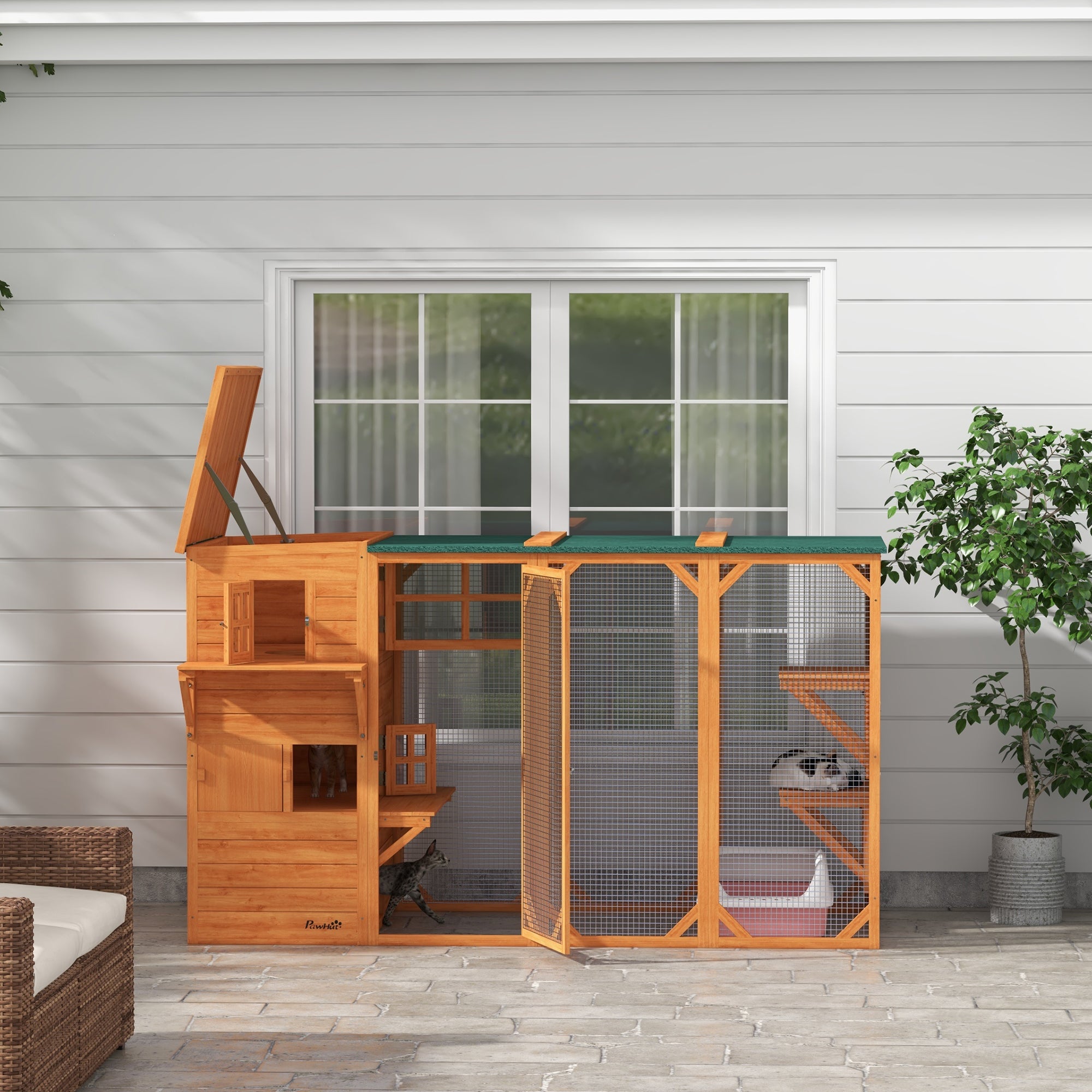 76" Wooden Outdoor Cat Catio - Orange Walk-in Enclosure-DECOROLALA