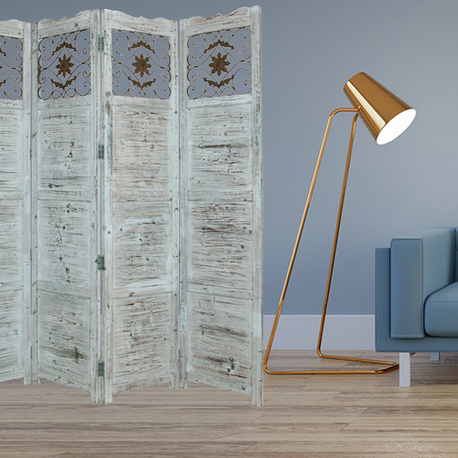 76" X 84" Blue Wood Screen-Room Dividers-DECOROLALA