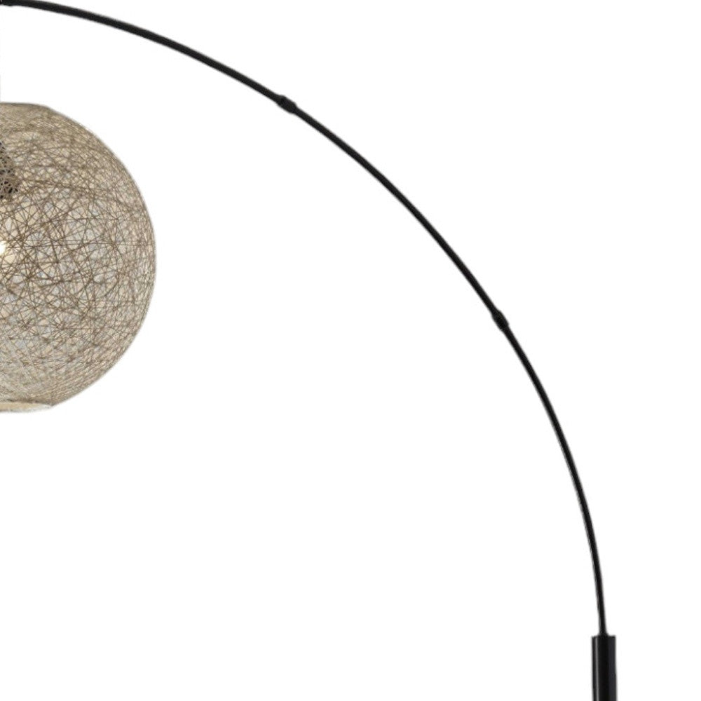77" Antiqued Bronze Arched Floor Lamp With Groovy Beige Abstract Wicker Globe Shade-Floor Lamps-DECOROLALA