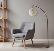 77" Antiqued Bronze Arched Floor Lamp With Groovy Beige Abstract Wicker Globe Shade-Floor Lamps-DECOROLALA