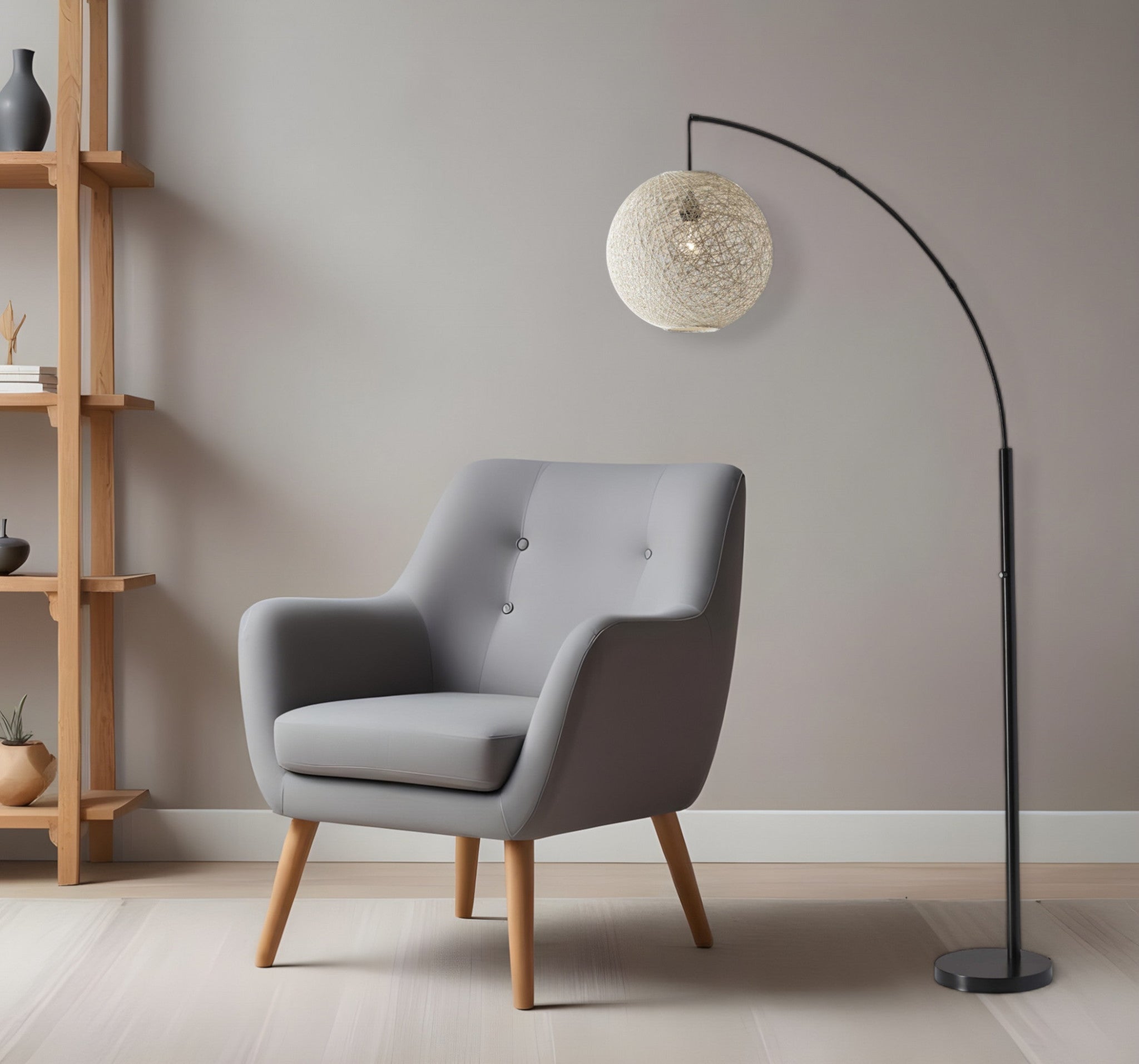 77" Antiqued Bronze Arched Floor Lamp With Groovy Beige Abstract Wicker Globe Shade-Floor Lamps-DECOROLALA