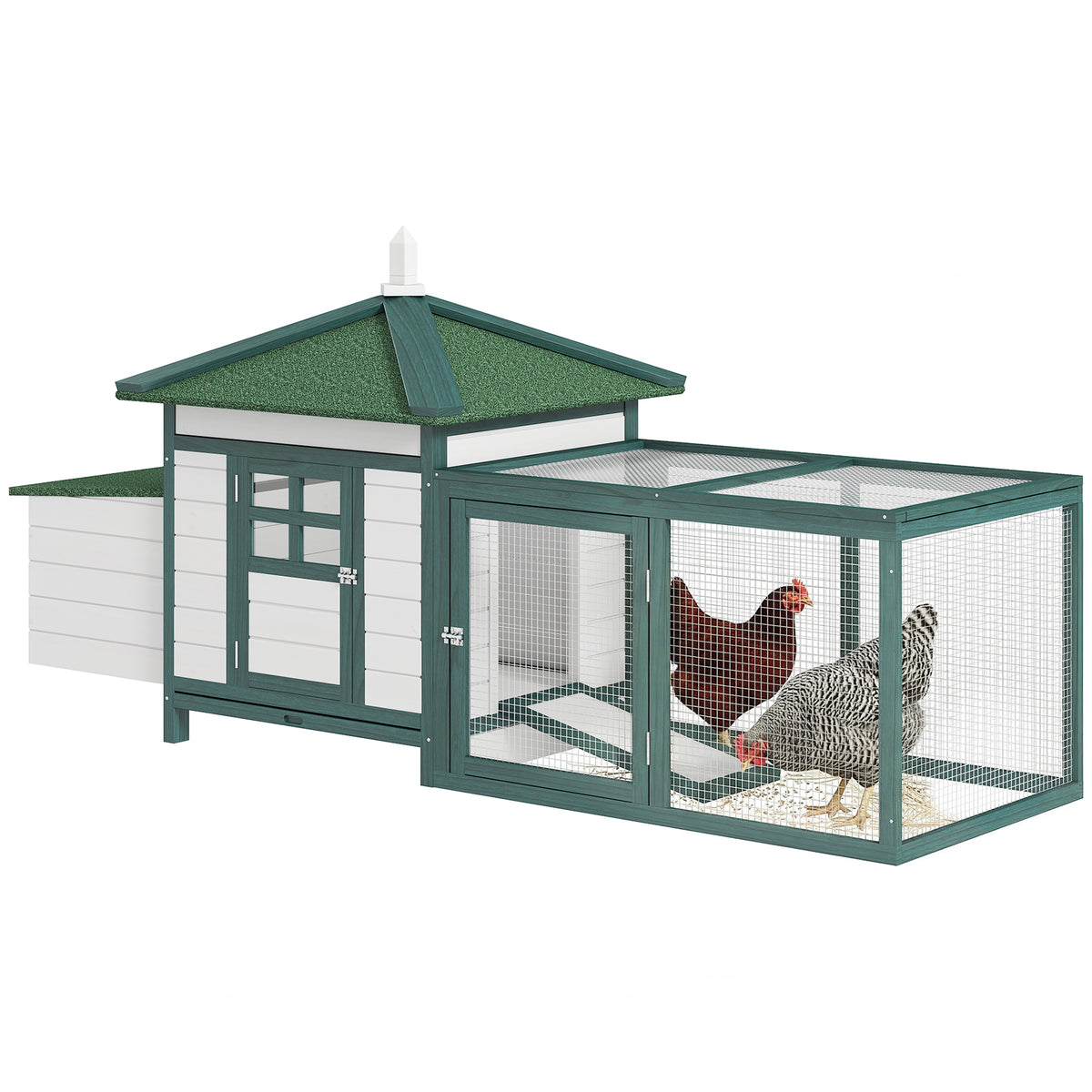 77" Outdoor Wooden Chicken Coop with Nesting Box & Run - Green-Small Animals-DECOROLALA