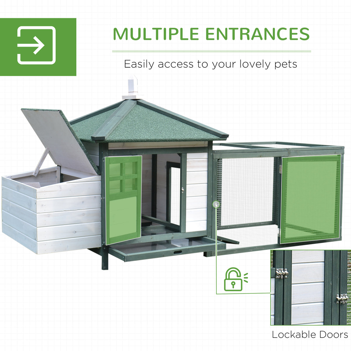 77" Outdoor Wooden Chicken Coop with Nesting Box & Run - Green-Small Animals-DECOROLALA