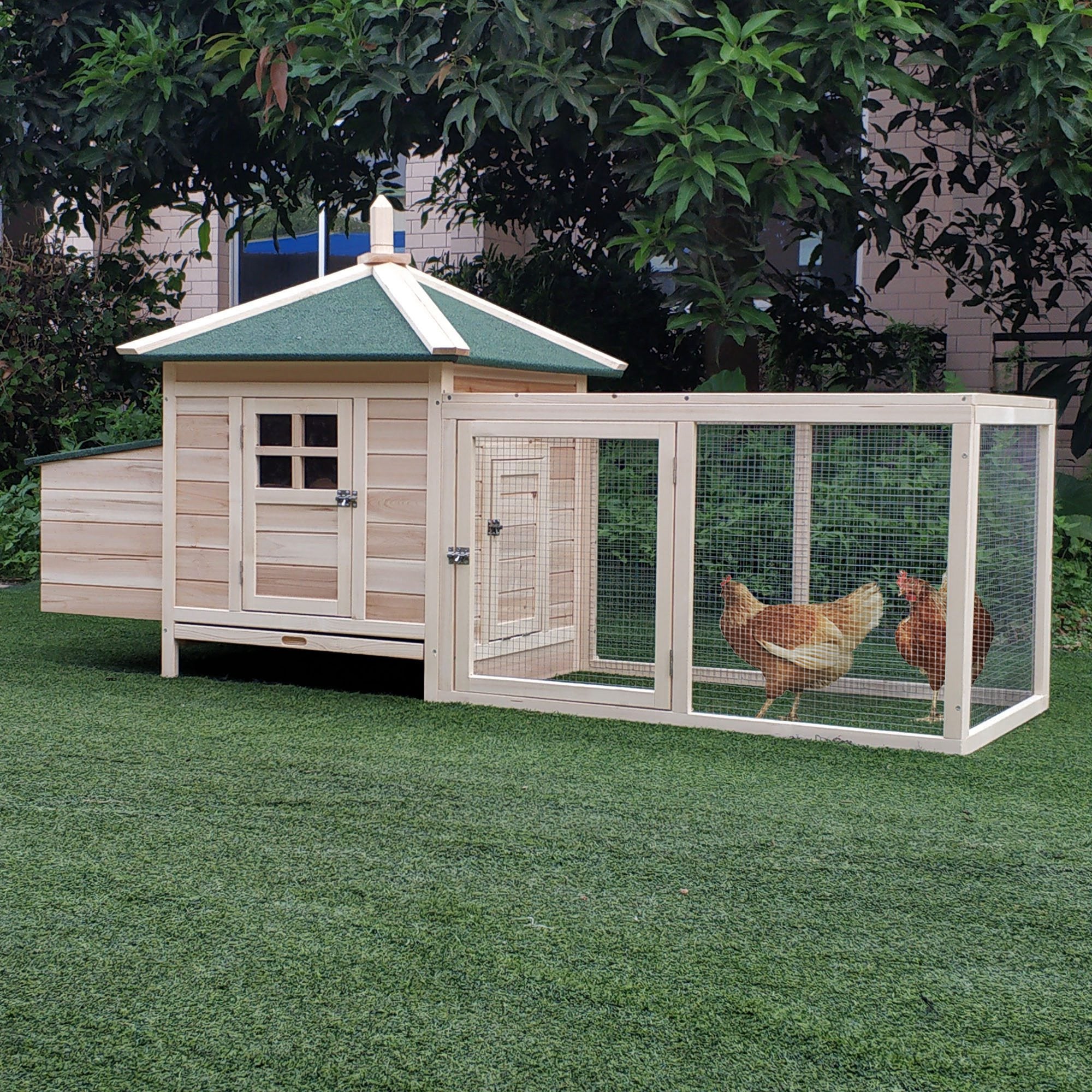 77" Wooden Chicken Coop with Nesting Box and Run - Natural-Small Animals-DECOROLALA
