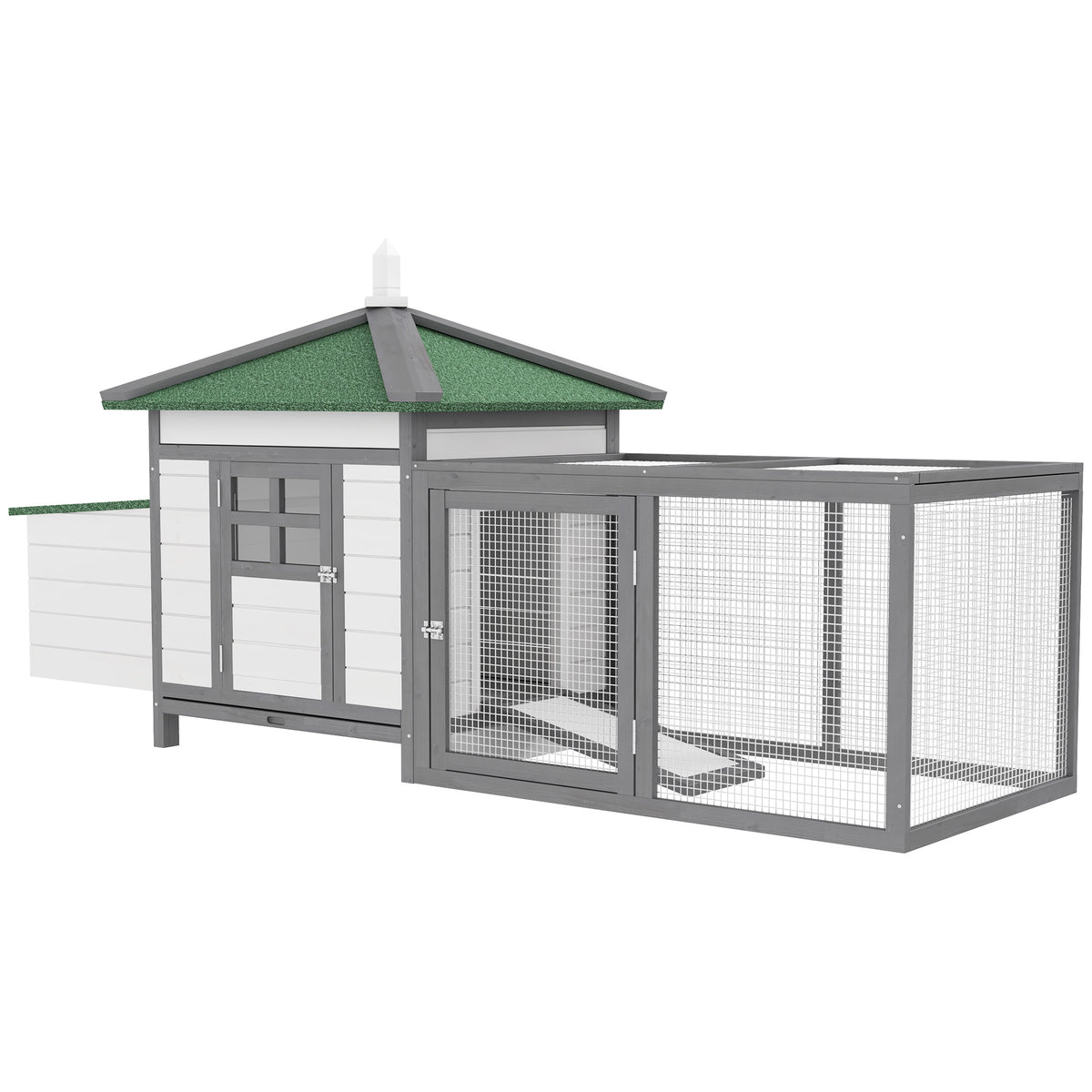 77" Wooden Chicken Coop with Nesting Box and Run - White/Gray-Small Animals-DECOROLALA