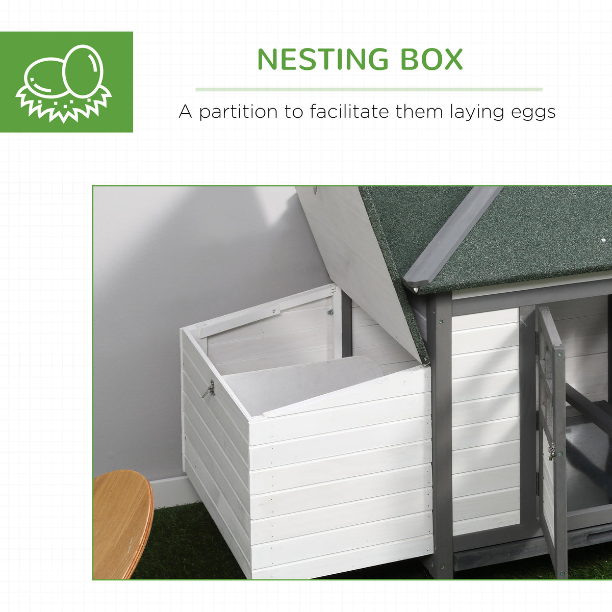 77" Wooden Chicken Coop with Nesting Box and Run - White/Gray-Small Animals-DECOROLALA