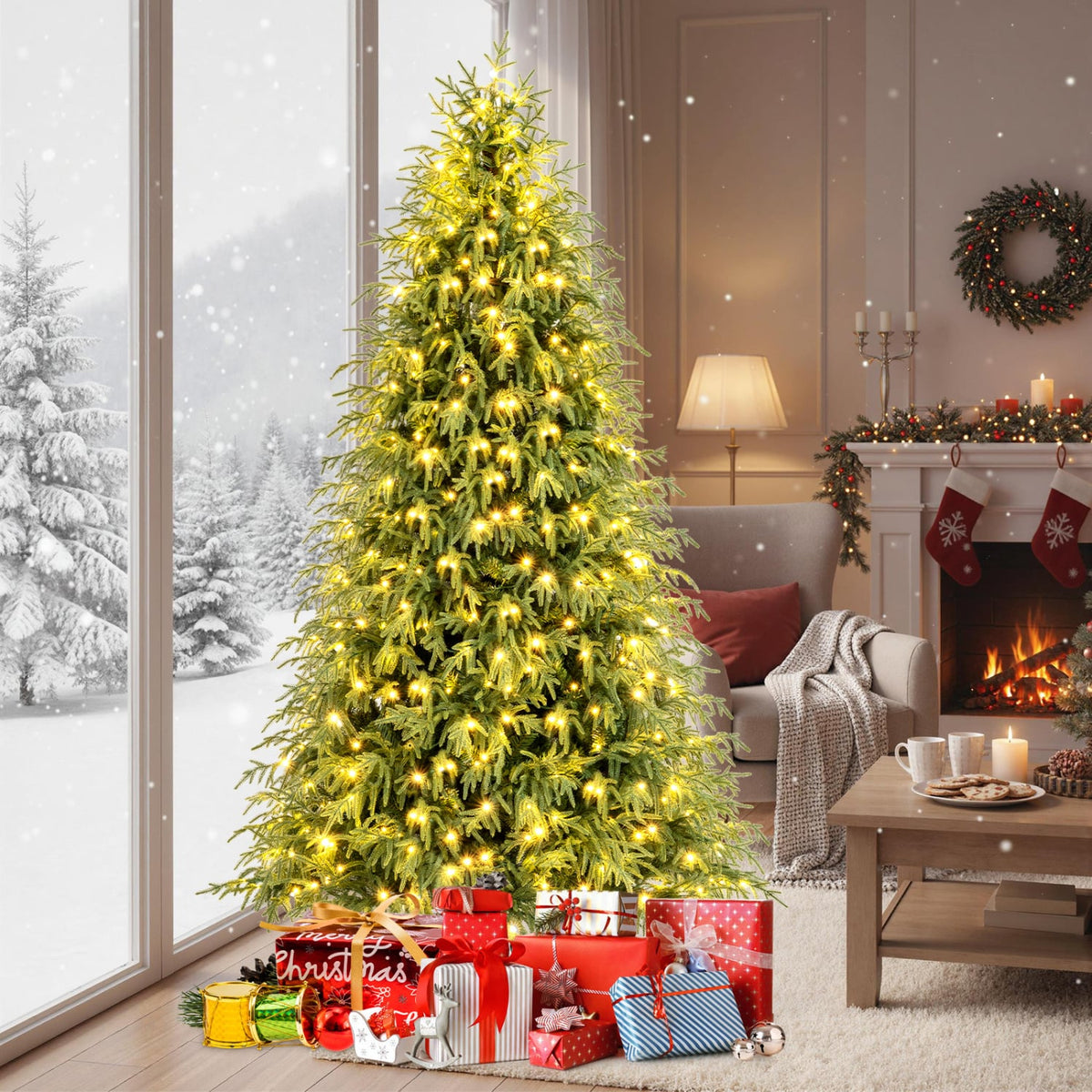 7/7.5/8 Feet Pre-Lit Artificial Christmas Tree Hinged Faux Xmas Tree with Soft Branch Tips-7.5 feet-Christmas Trees-DECOROLALA