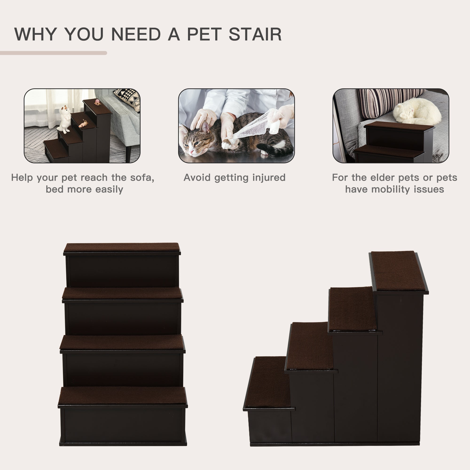 Escalier en bois à 4 marches pour chien, marches pour animaux pour lit haut, échelle pour chat pour lit ou canapé avec moquette antidérapante, café foncé