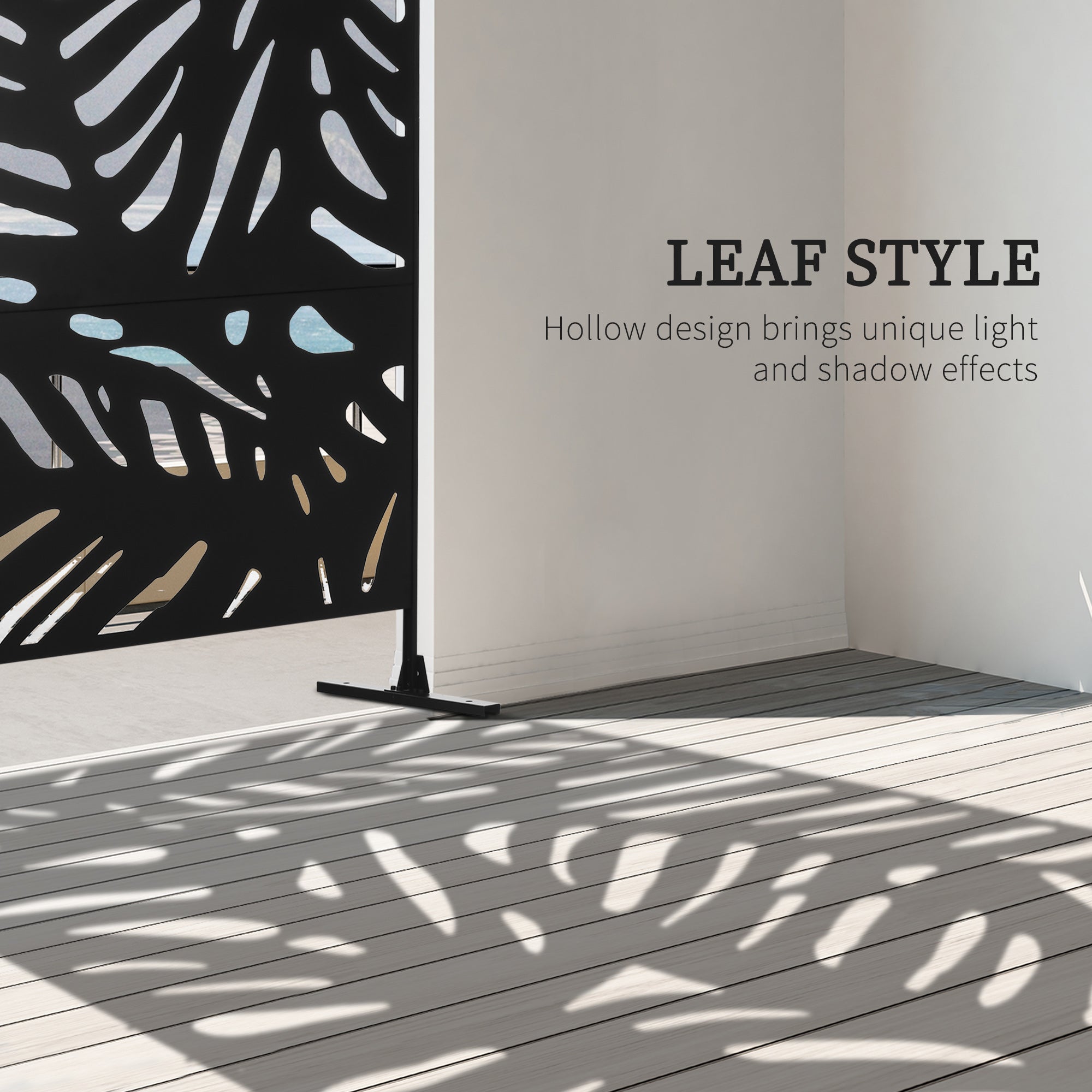 78" Metal Outdoor Privacy Screen - Leaf Pattern Black Steel-DECOROLALA