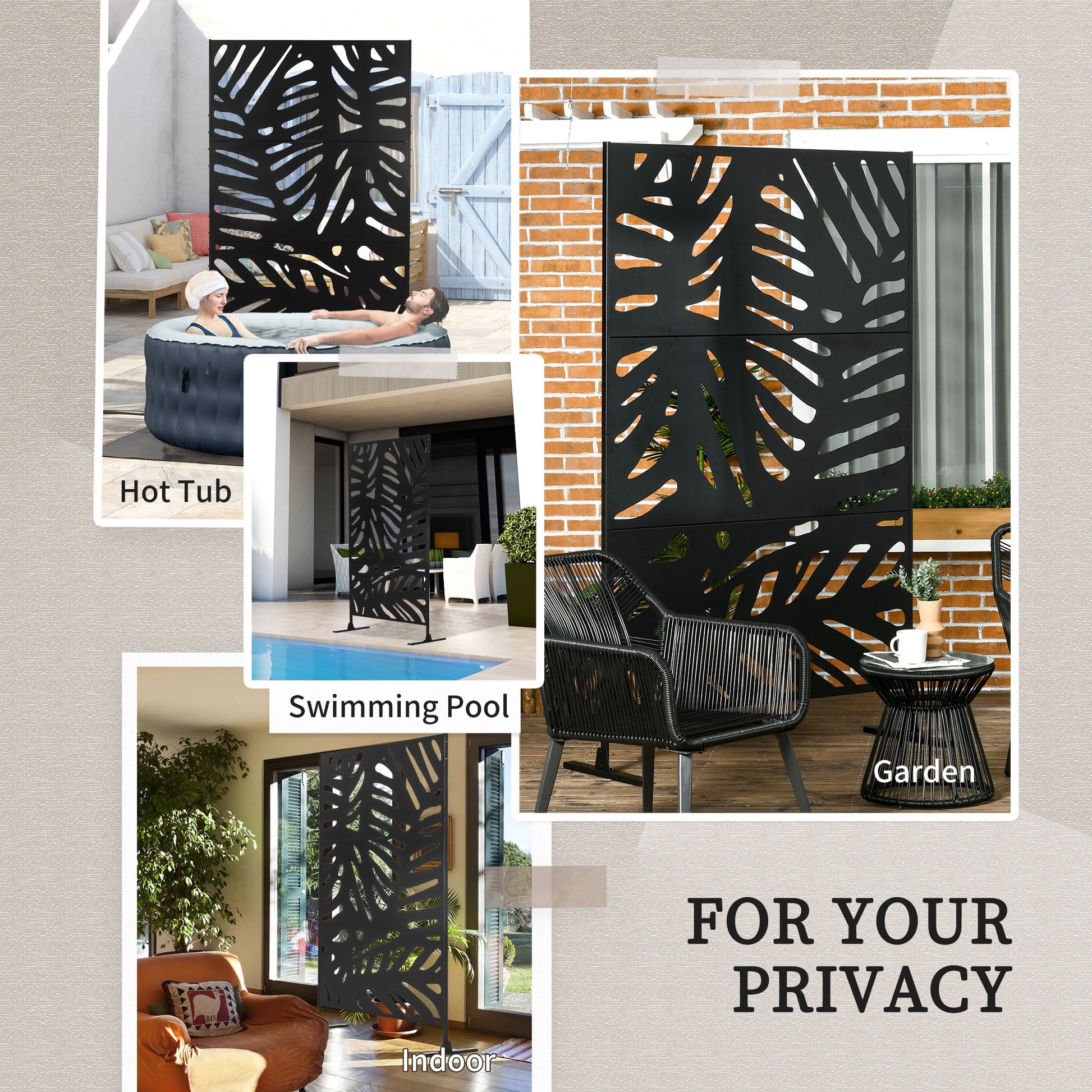 78" Metal Outdoor Privacy Screen - Leaf Pattern Black Steel-DECOROLALA