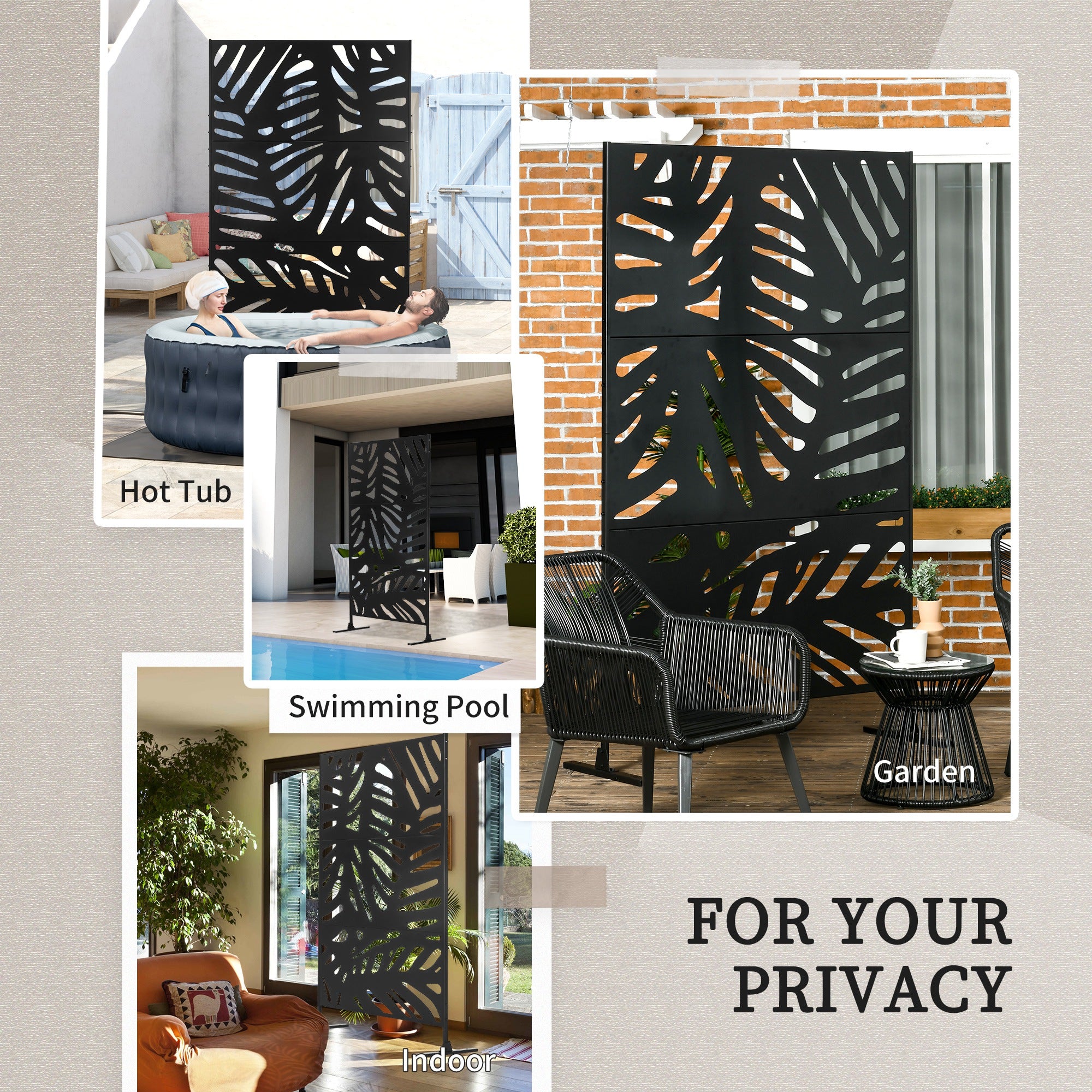 78" Metal Outdoor Privacy Screen - Leaf Pattern Black Steel-DECOROLALA
