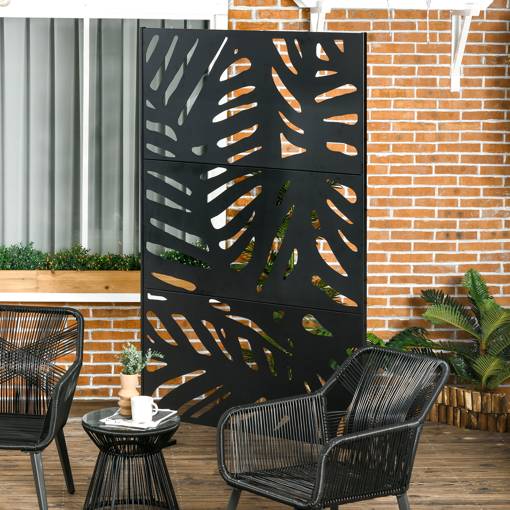 78" Metal Outdoor Privacy Screen - Leaf Pattern Black Steel-DECOROLALA