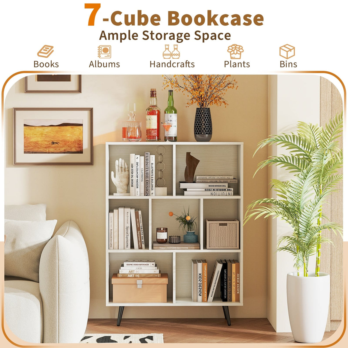 7/8/10-Cube Bookcase with 5 Tapered Metal Legs-7 Cubes-Bookcases-DECOROLALA