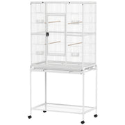 64" Large Rolling Bird Cage Bird House with Detachable Rolling Stand, Storage Shelf, Wood Perch Food Container, White