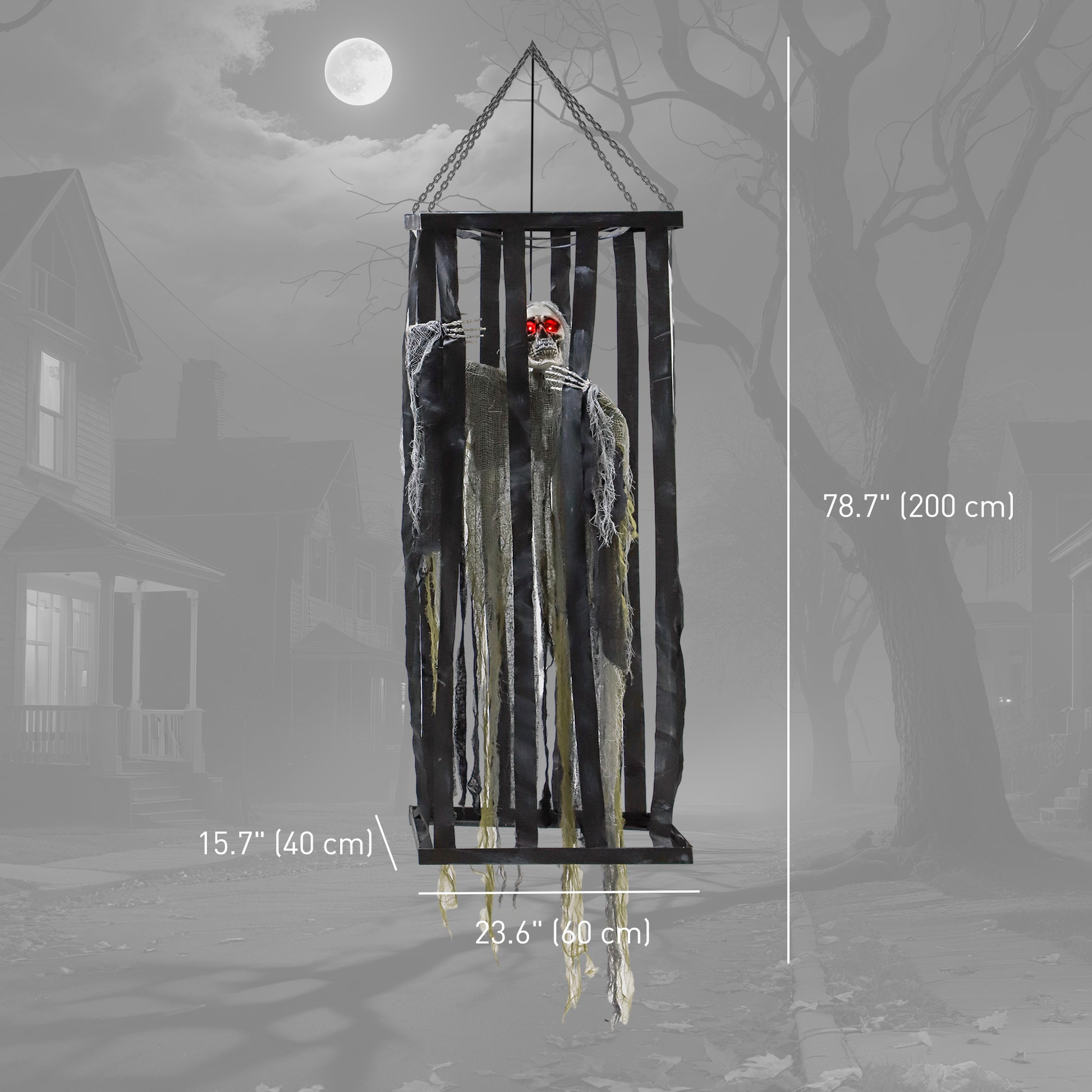 78.7" Animatronic Hanging Skeleton Reaper in Cage - Grey Green-Home Furnishings > Holiday & Seasonal > Halloween Decorations-DECOROLALA