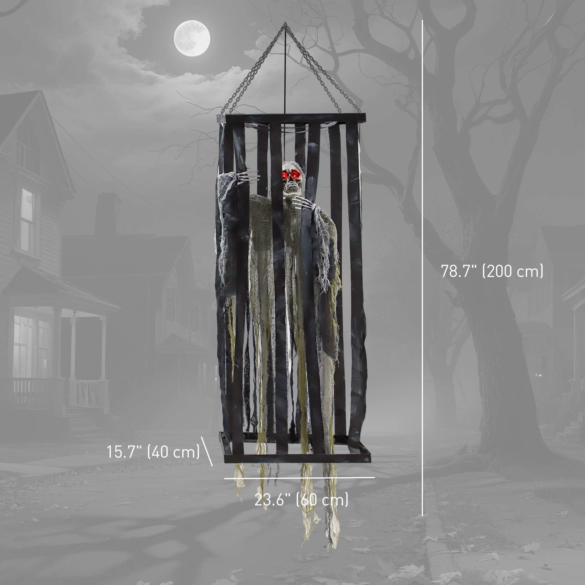 78.7" Animatronic Hanging Skeleton Reaper in Cage - Grey Green-Home Furnishings > Holiday & Seasonal > Halloween Decorations-DECOROLALA