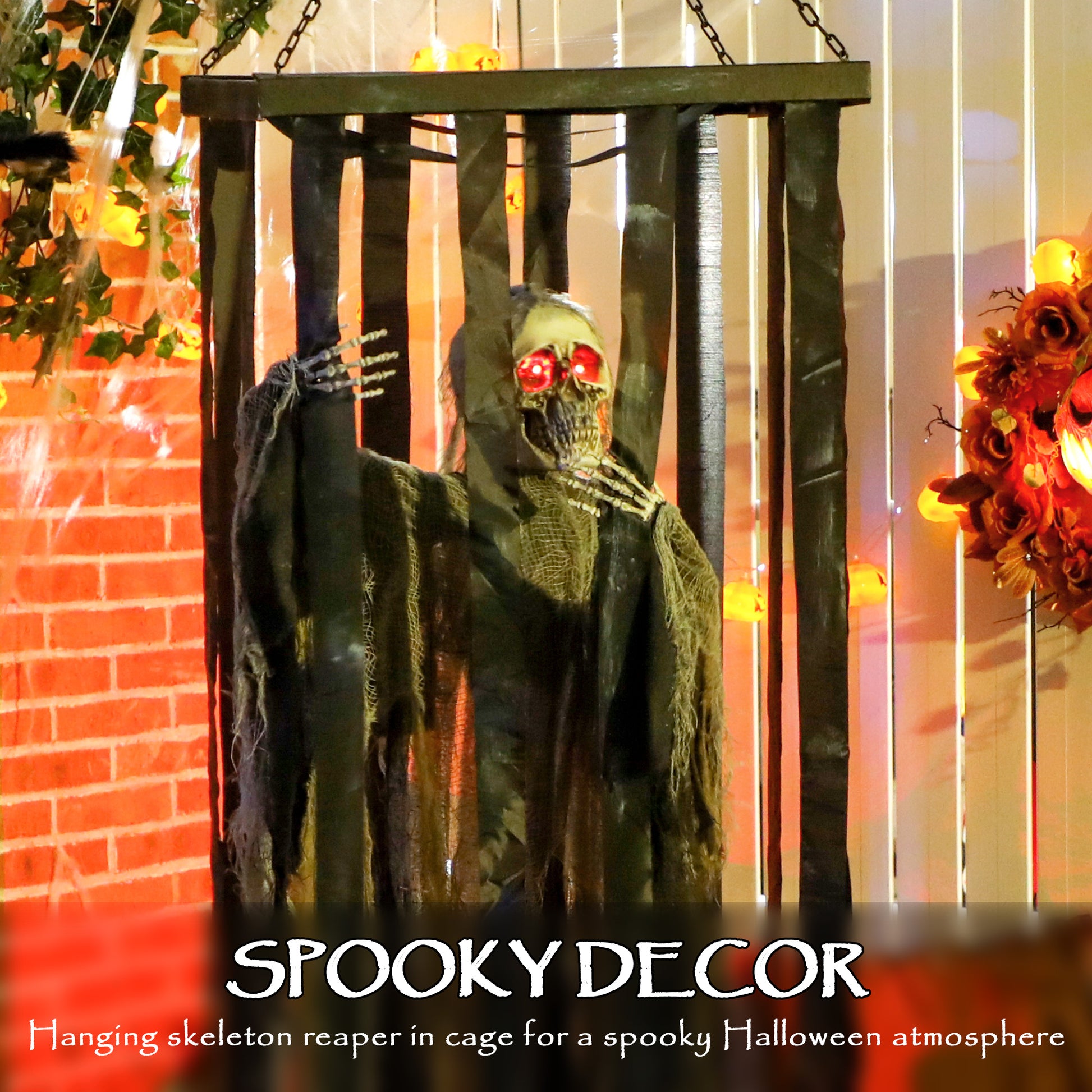 78.7" Animatronic Hanging Skeleton Reaper in Cage - Grey Green-Home Furnishings > Holiday & Seasonal > Halloween Decorations-DECOROLALA