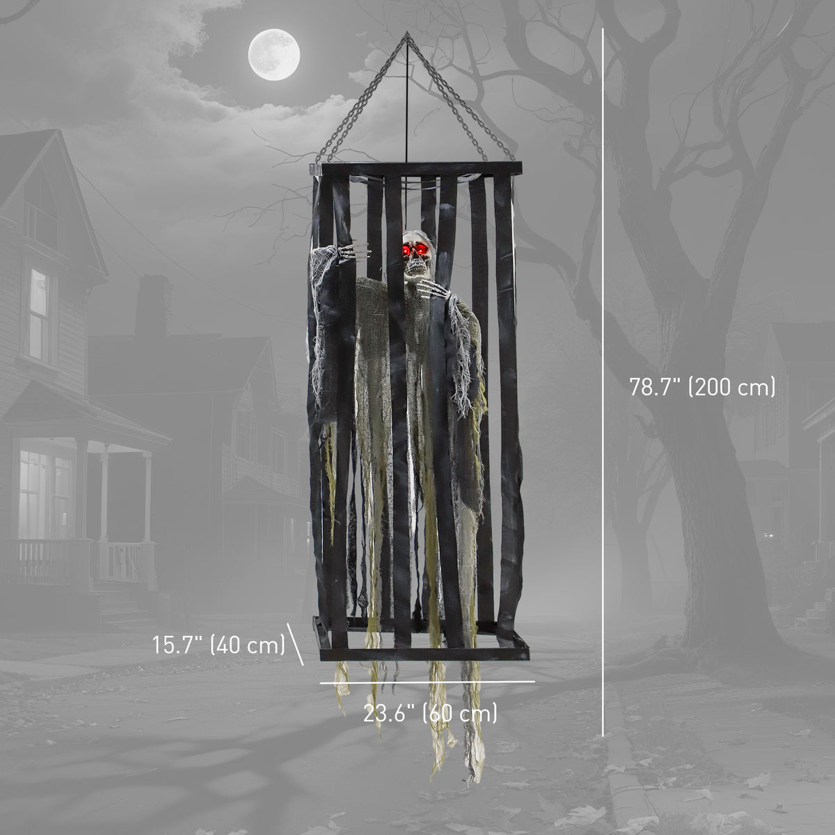 78.7" Animatronic Hanging Skeleton Reaper in Cage - Grey Green-Home Furnishings > Holiday & Seasonal > Halloween Decorations-DECOROLALA
