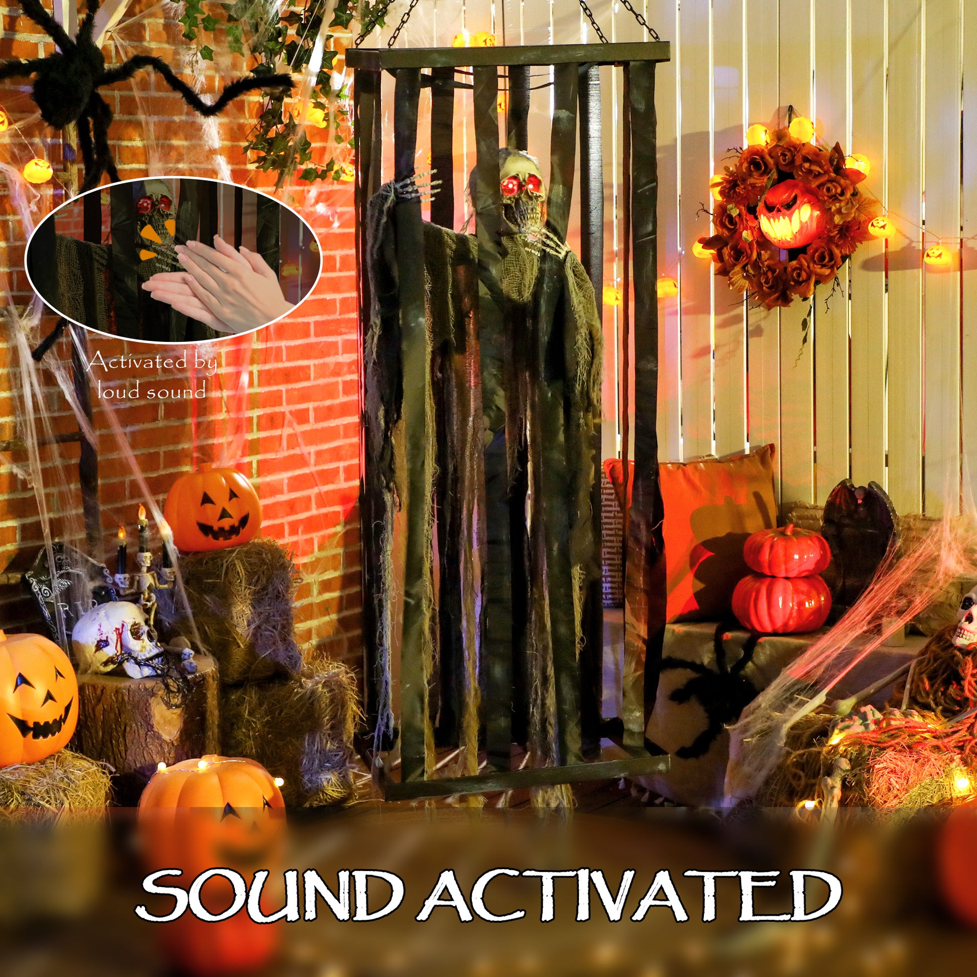 78.7" Animatronic Hanging Skeleton Reaper in Cage - Grey Green-Home Furnishings > Holiday & Seasonal > Halloween Decorations-DECOROLALA