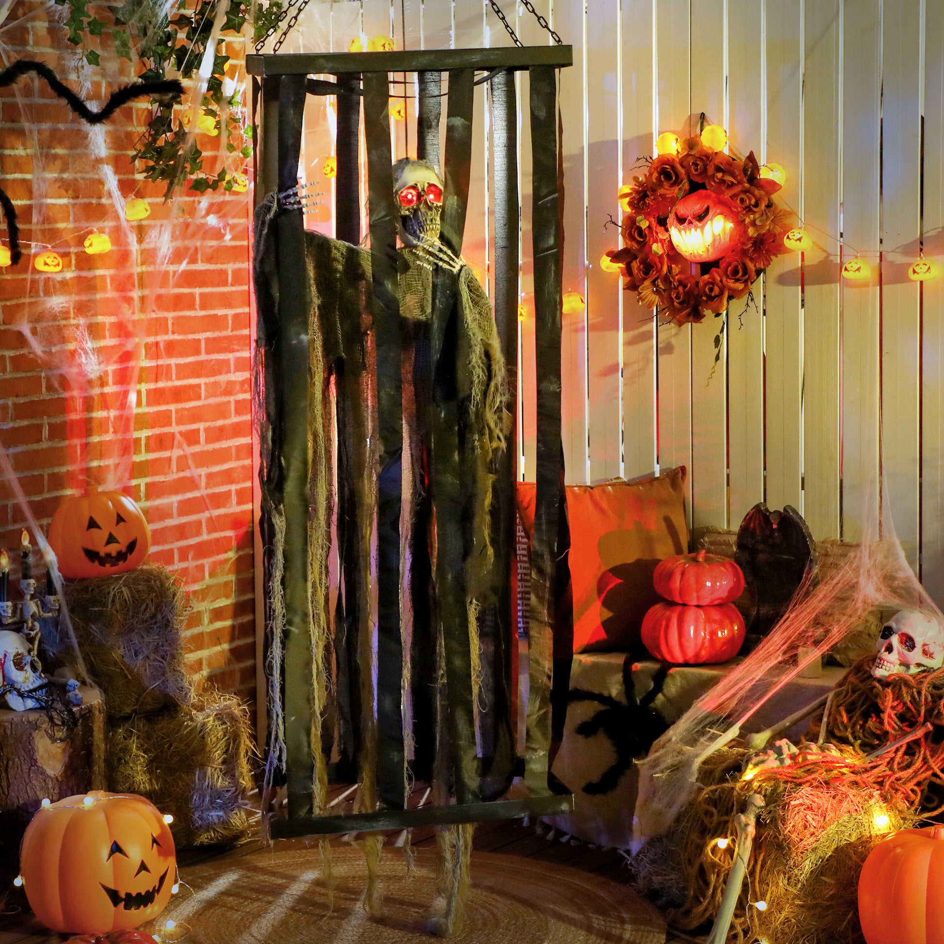 78.7" Animatronic Hanging Skeleton Reaper in Cage - Grey Green-Home Furnishings > Holiday & Seasonal > Halloween Decorations-DECOROLALA