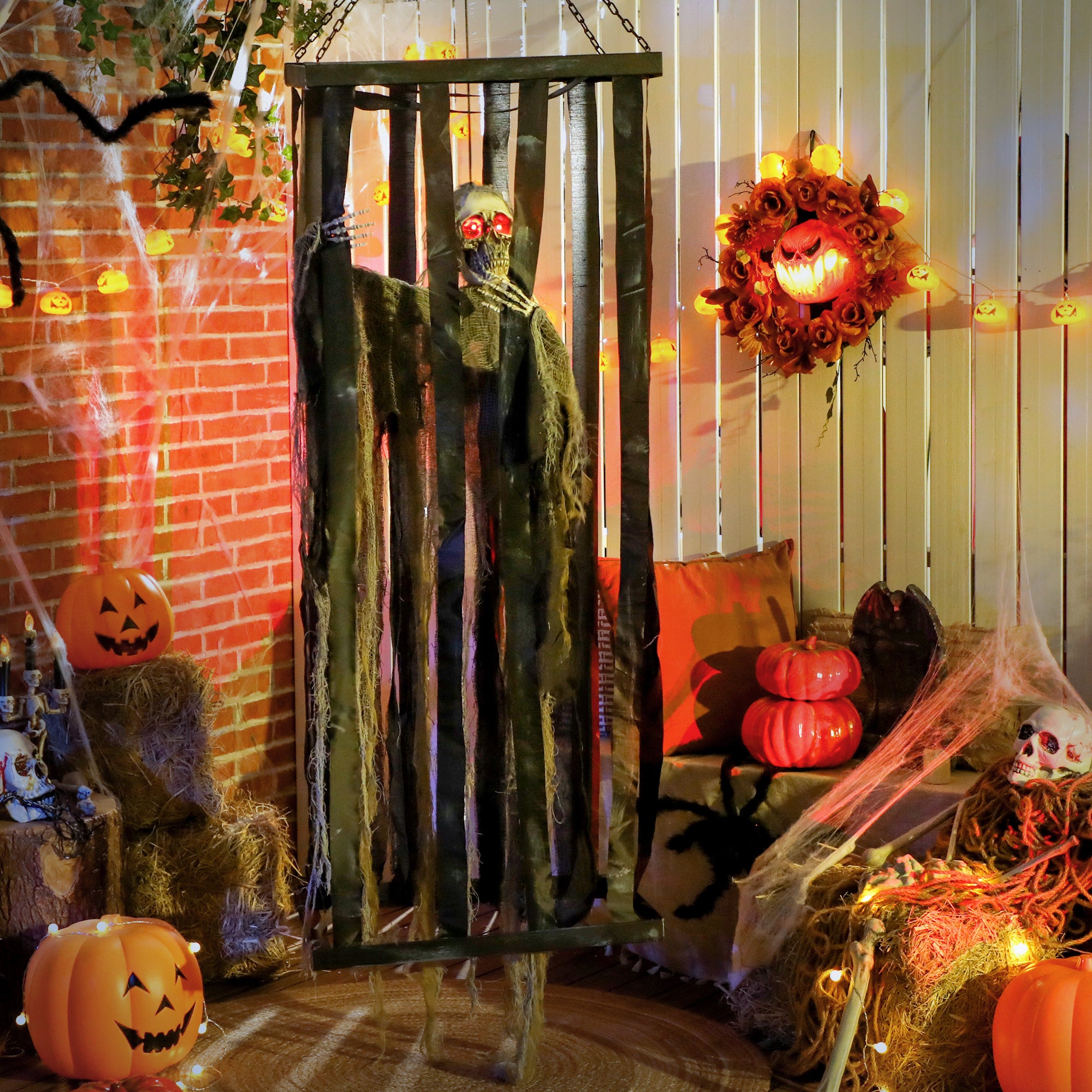 78.7" Animatronic Hanging Skeleton Reaper in Cage - Grey Green-Home Furnishings > Holiday & Seasonal > Halloween Decorations-DECOROLALA