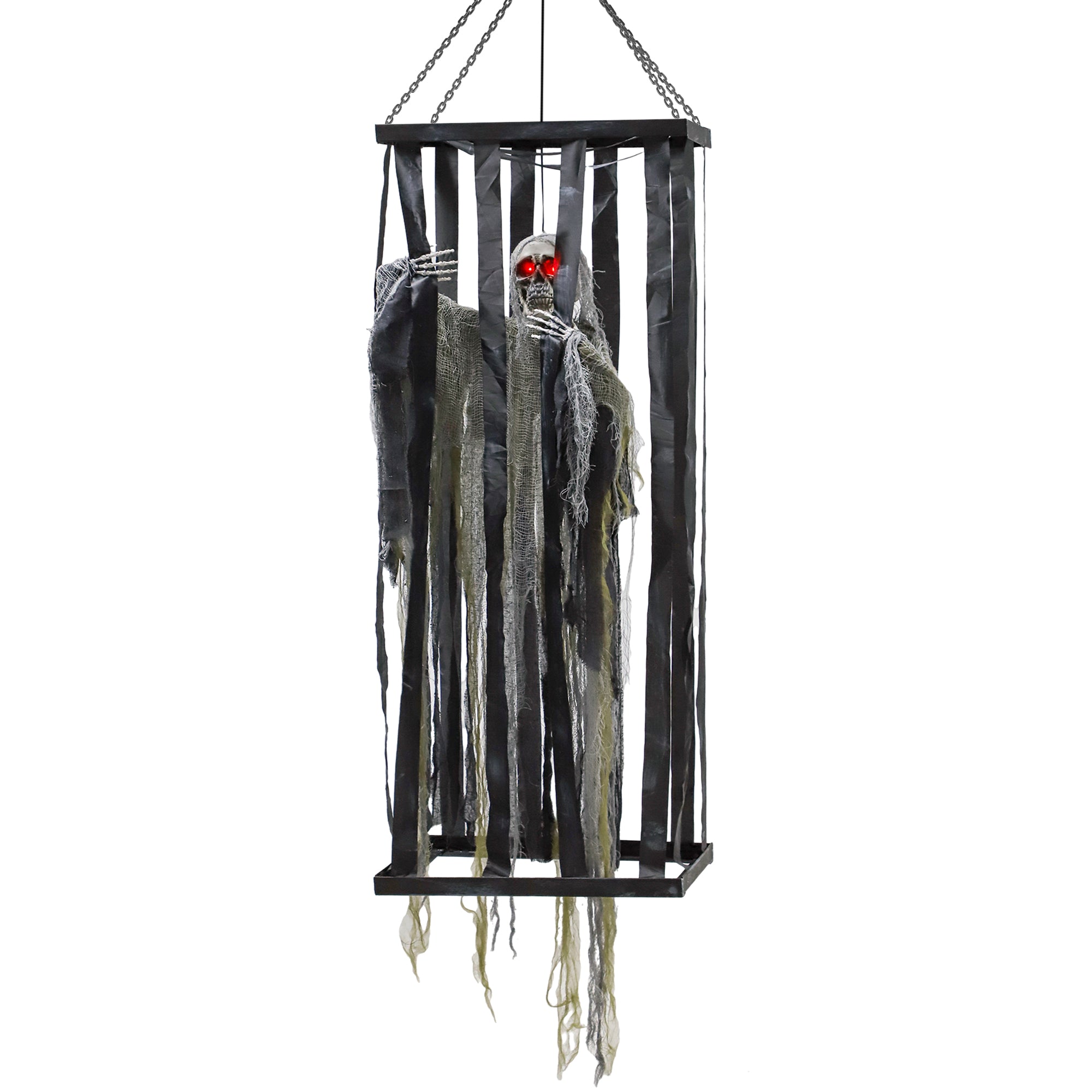 78.7" Animatronic Hanging Skeleton Reaper in Cage - Grey Green-Home Furnishings > Holiday & Seasonal > Halloween Decorations-DECOROLALA