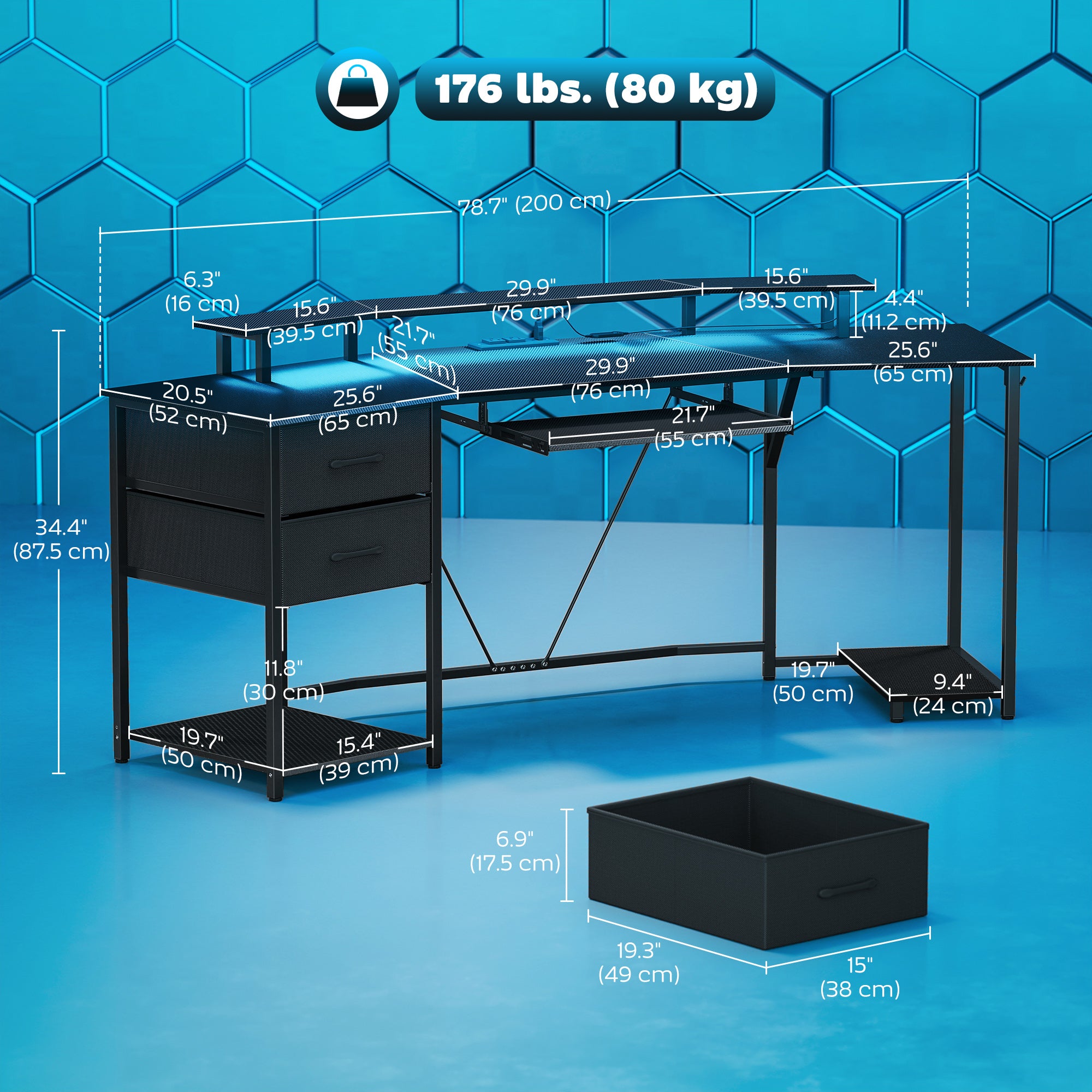 79" Gaming Desk with RGB Lights, Power Outlets & Drawers - Black-DECOROLALA