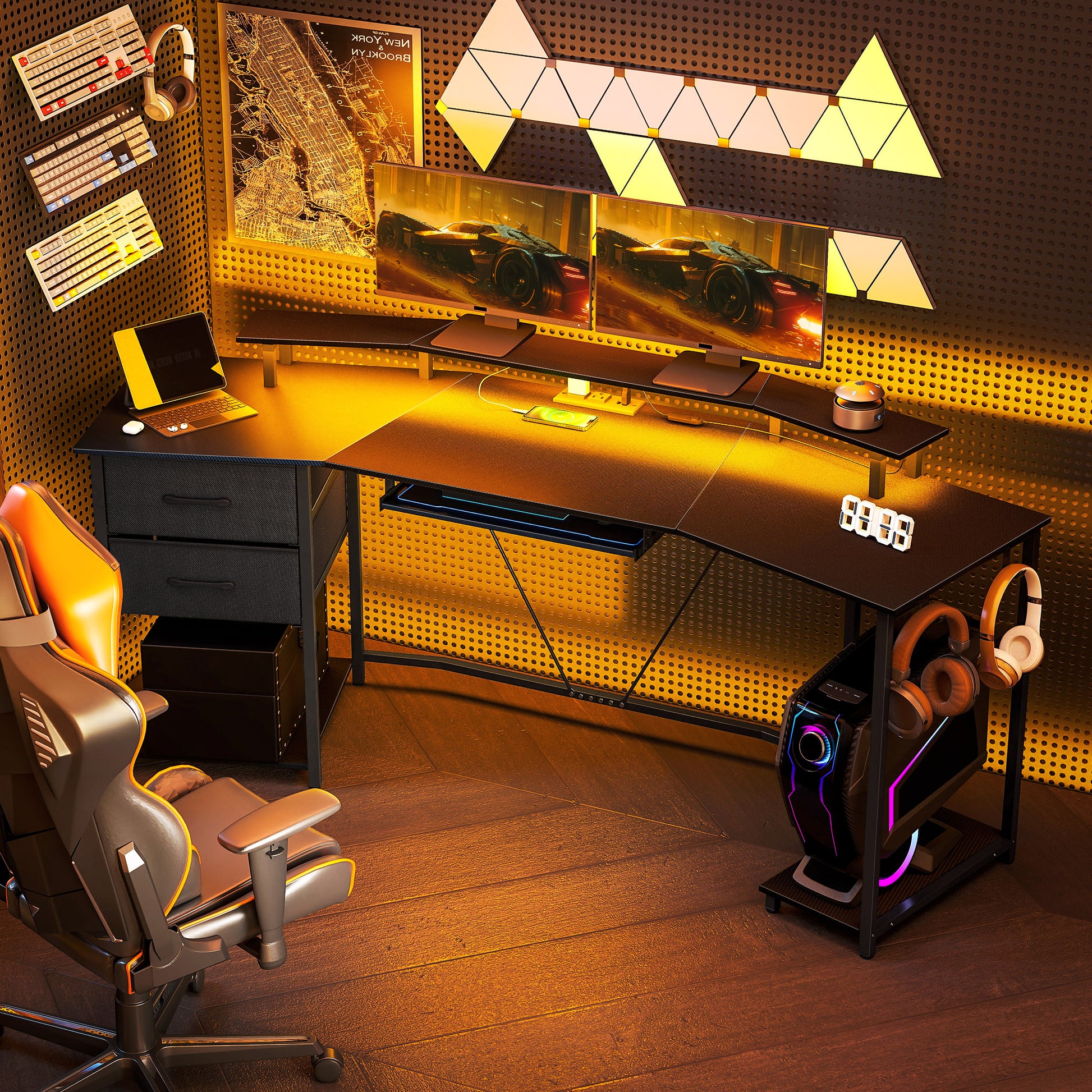 79" Gaming Desk with RGB Lights, Power Outlets & Drawers - Black-DECOROLALA