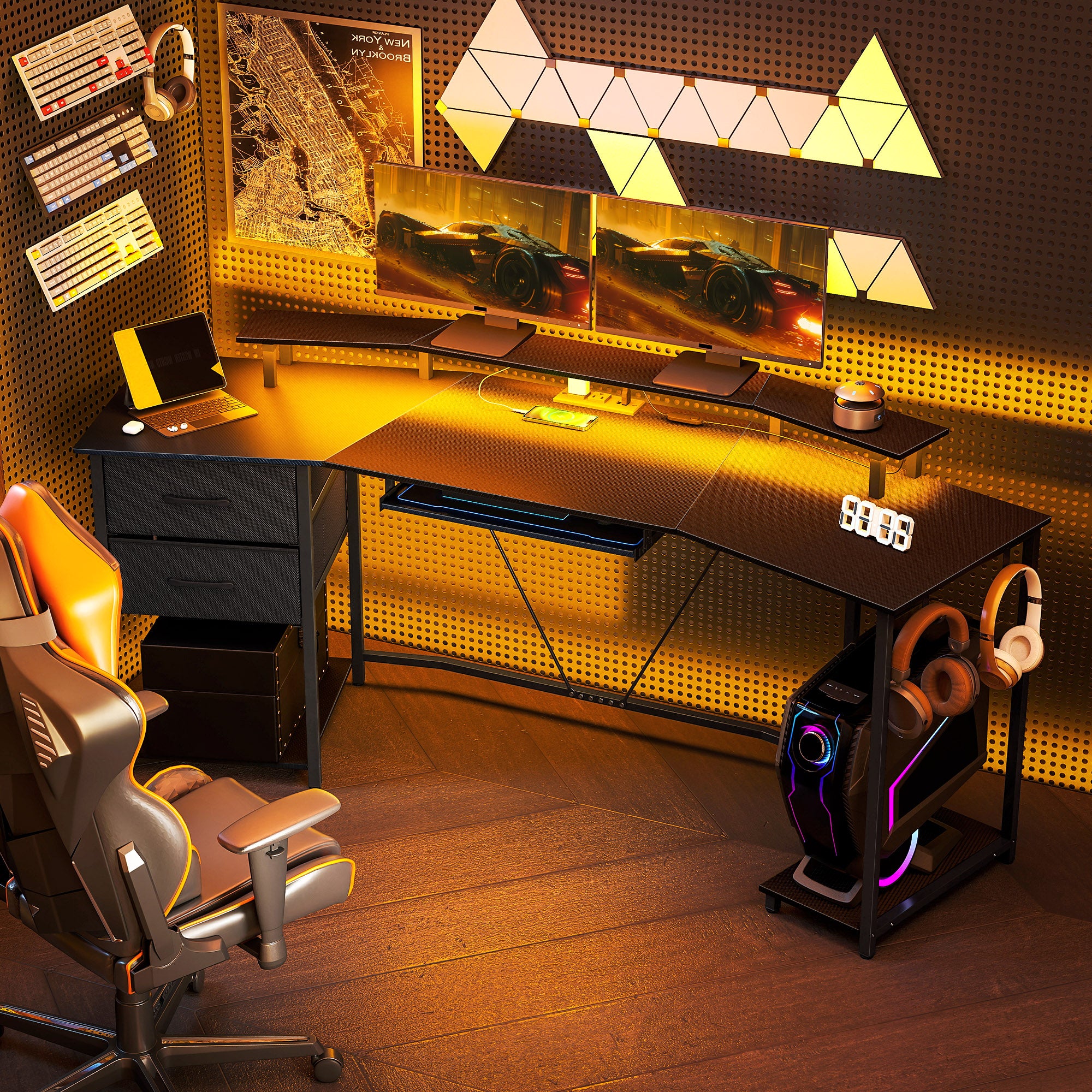 79" Gaming Desk with RGB Lights, Power Outlets & Drawers - Black-DECOROLALA