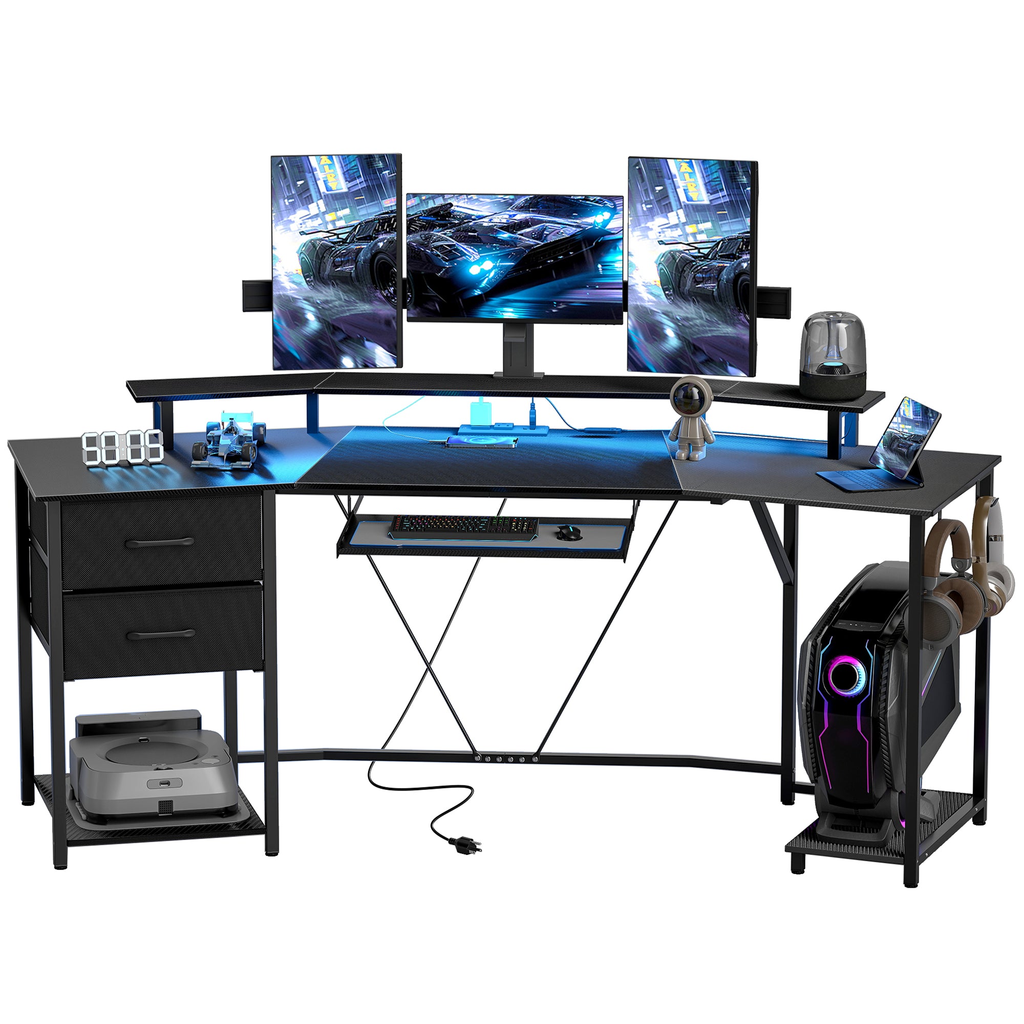 79" Gaming Desk with RGB Lights, Power Outlets & Drawers - Black-DECOROLALA