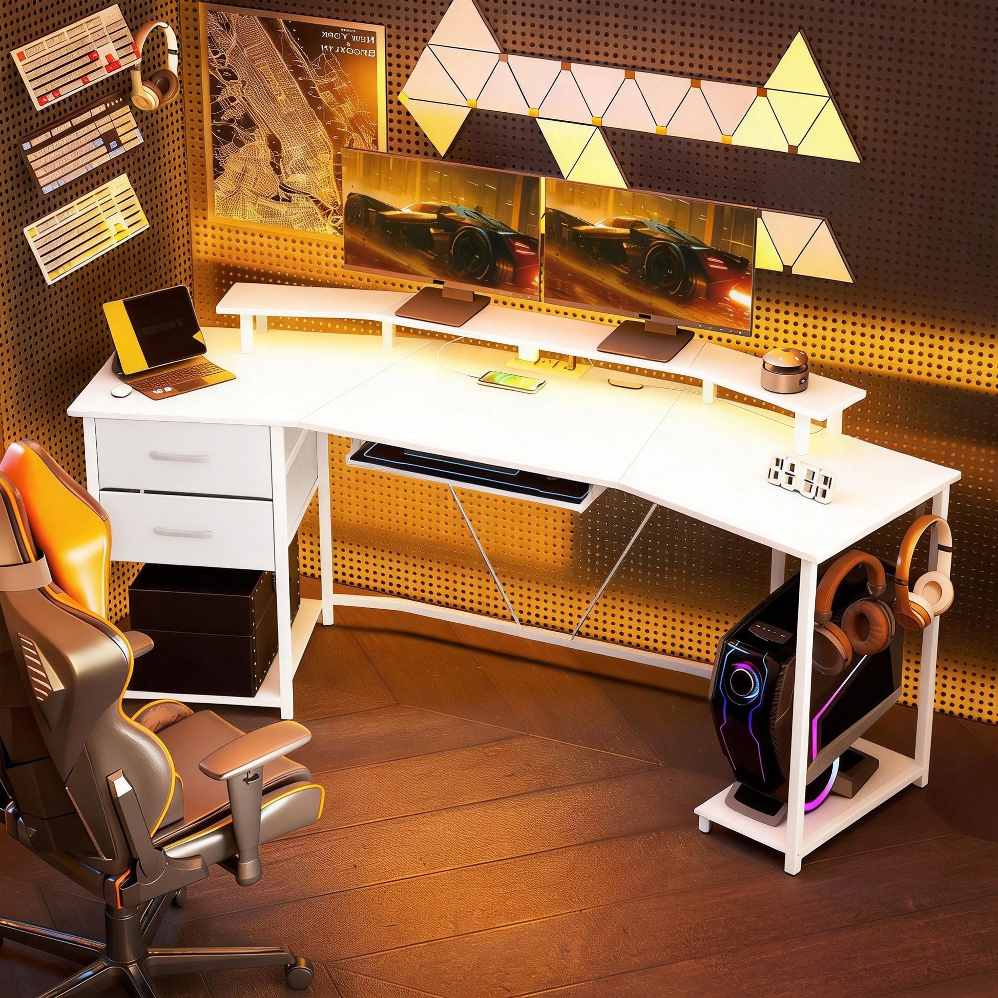 79" Gaming Desk with RGB Lights & Power Outlets - White-DECOROLALA