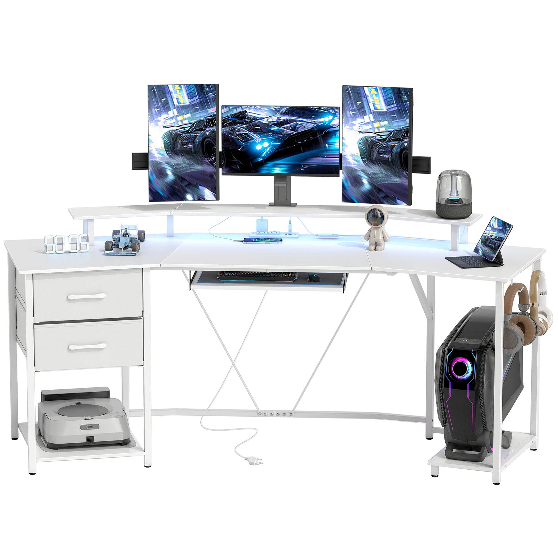 79" Gaming Desk with RGB Lights & Power Outlets - White-DECOROLALA