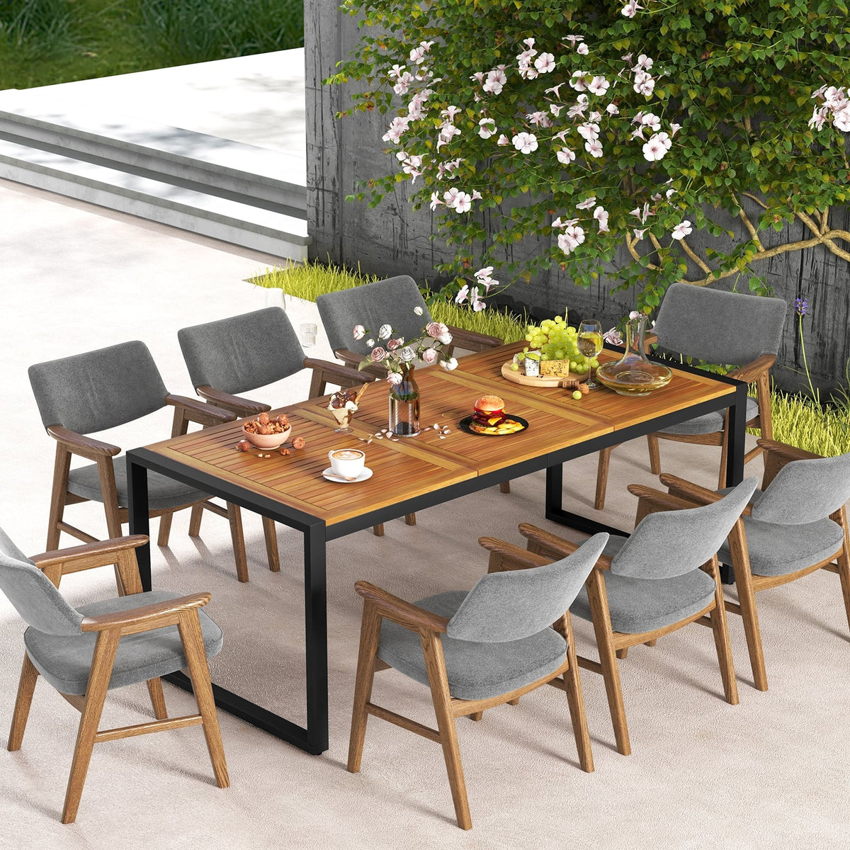 79 Inch Acacia Wood Patio Table with 1.9 Inch Umbrella Hole for Garden and Poolside-Patio Dining Tables-DECOROLALA